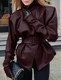 Moto Style Stand Collar Tie Waist Jacket