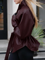 Moto Style Stand Collar Tie Waist Jacket