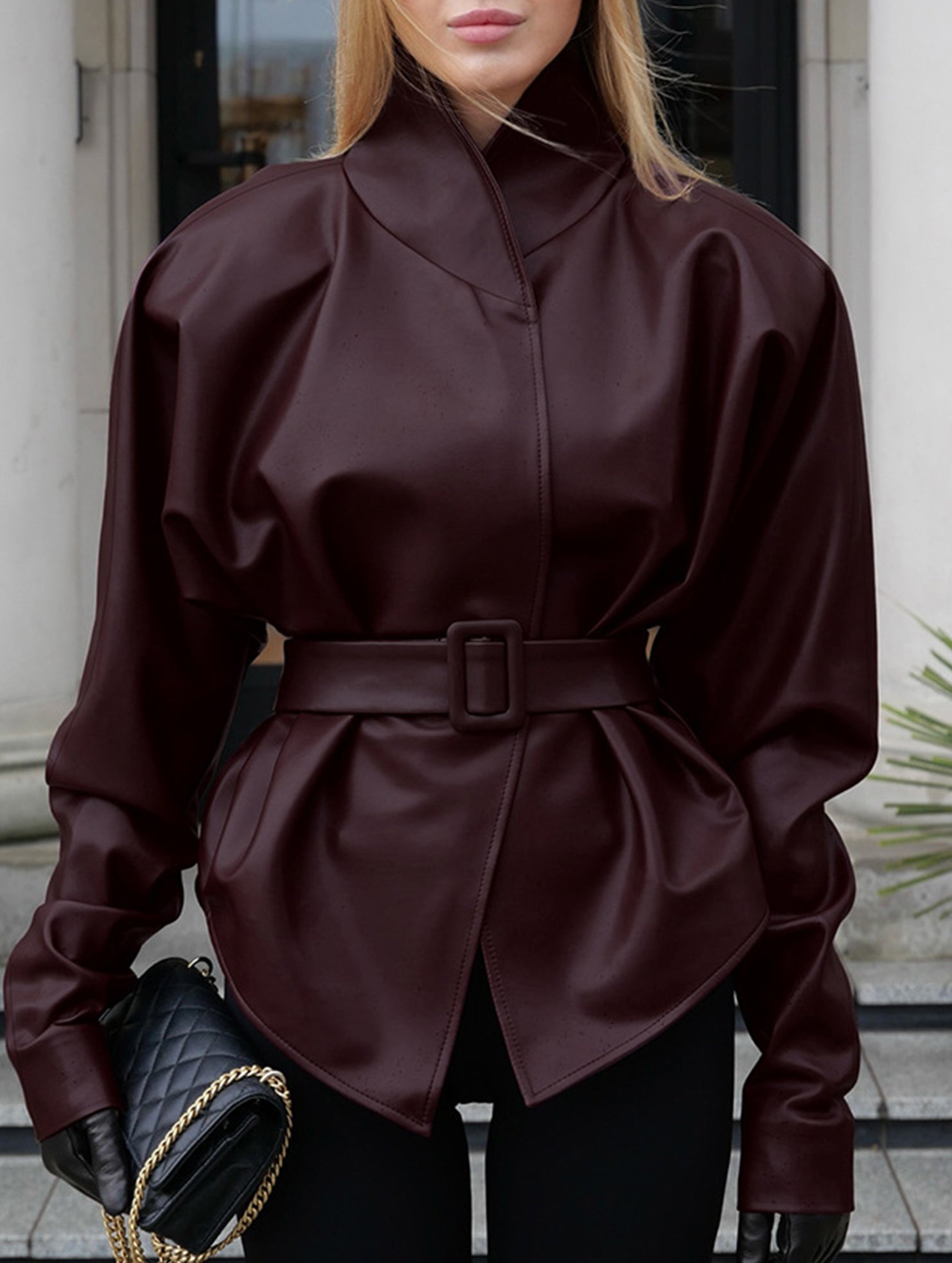 Moto Style Stand Collar Tie Waist Jacket