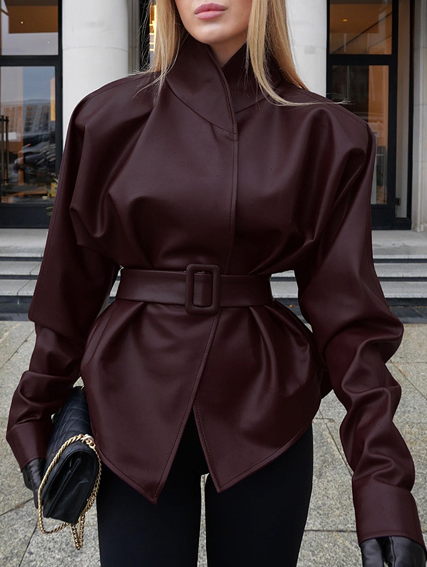 Moto Style Stand Collar Tie Waist Jacket