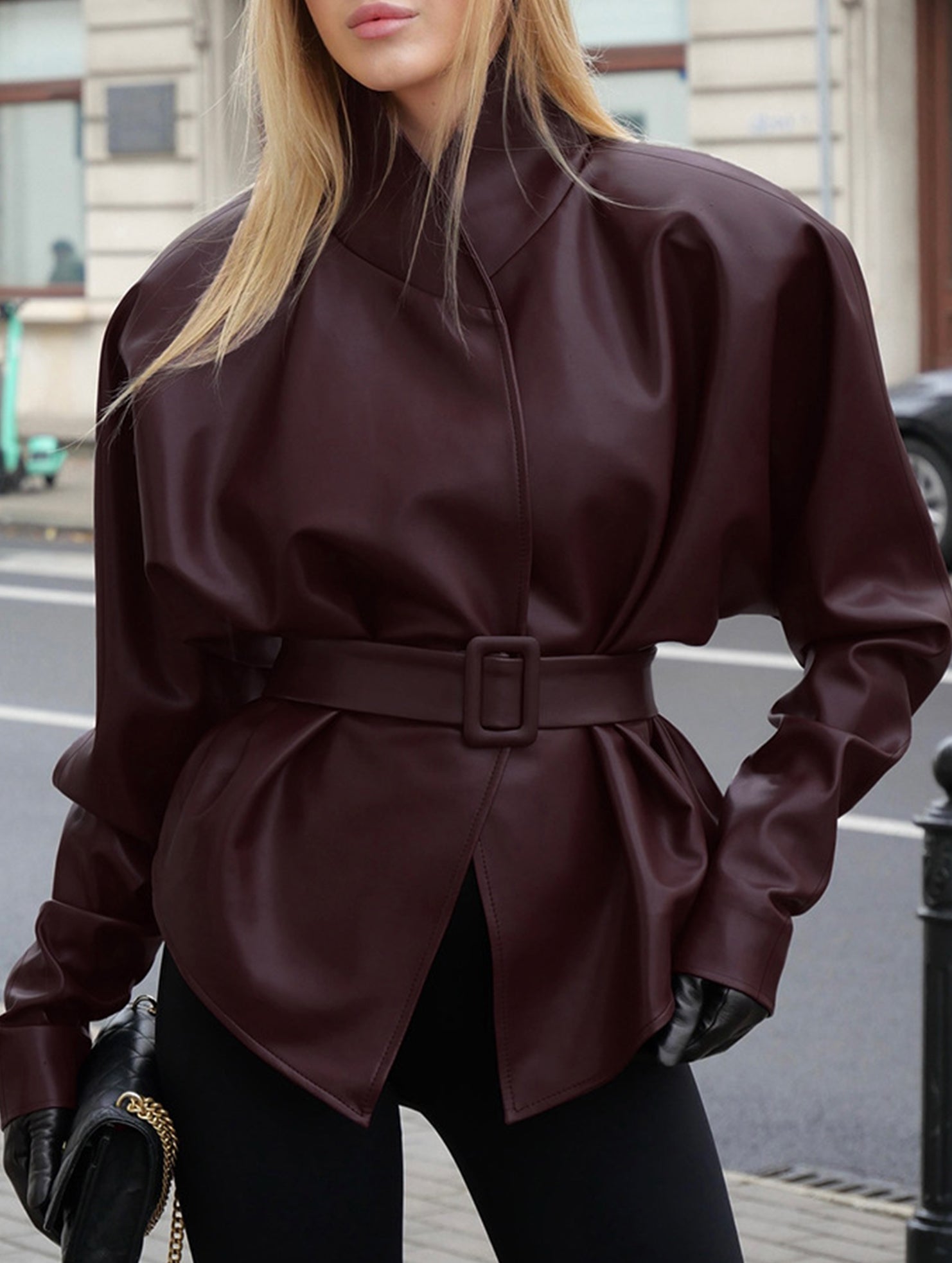 Moto Style Stand Collar Tie Waist Jacket