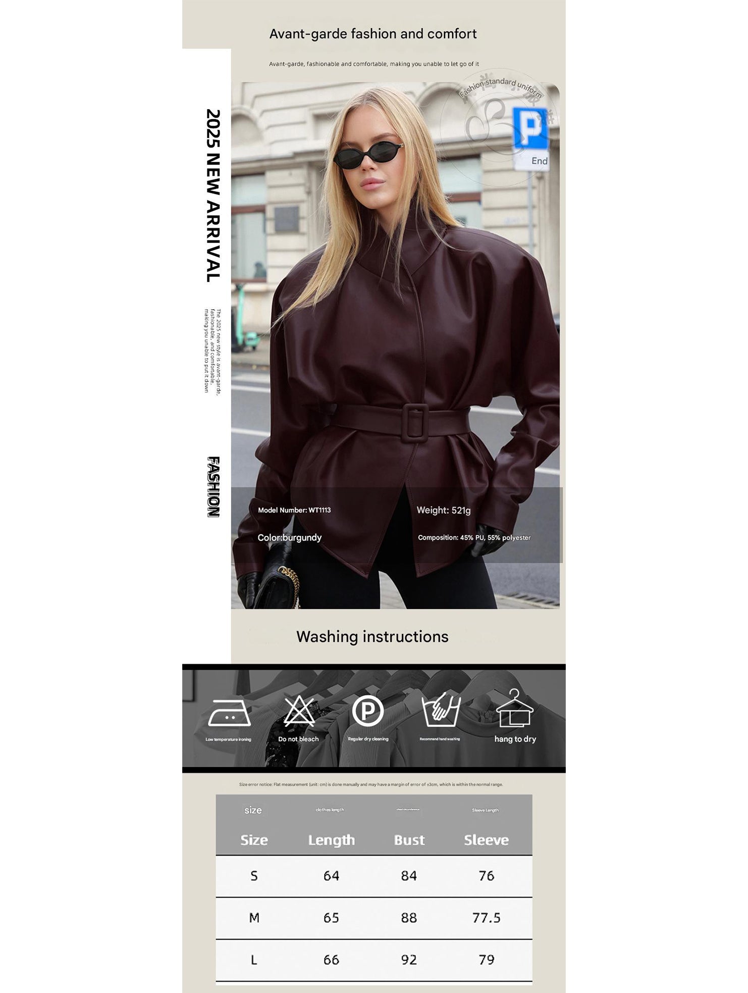 Moto Style Stand Collar Tie Waist Jacket