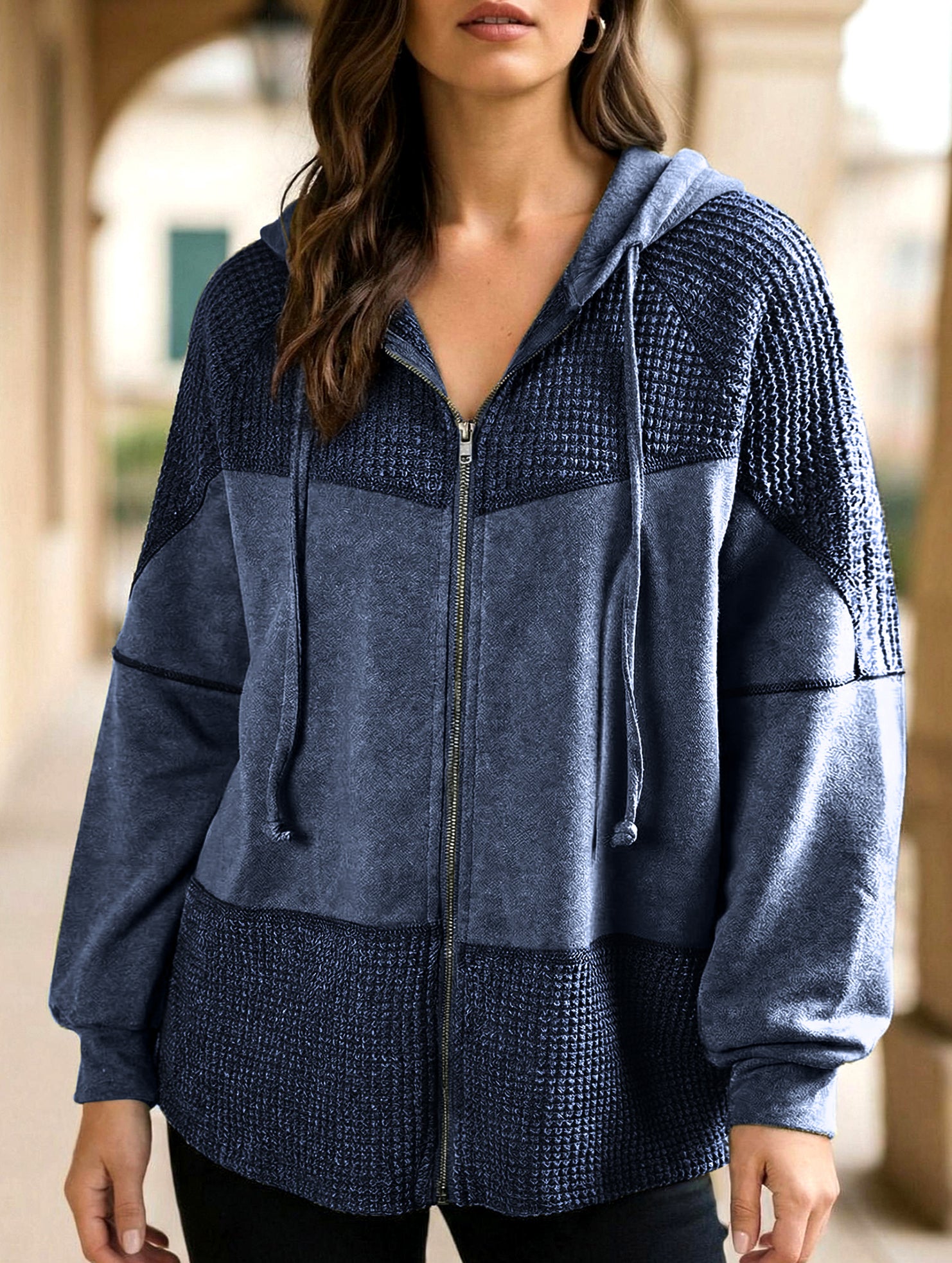 Color Block Hooded Washed Drawstring Jacket_CWOJA01826