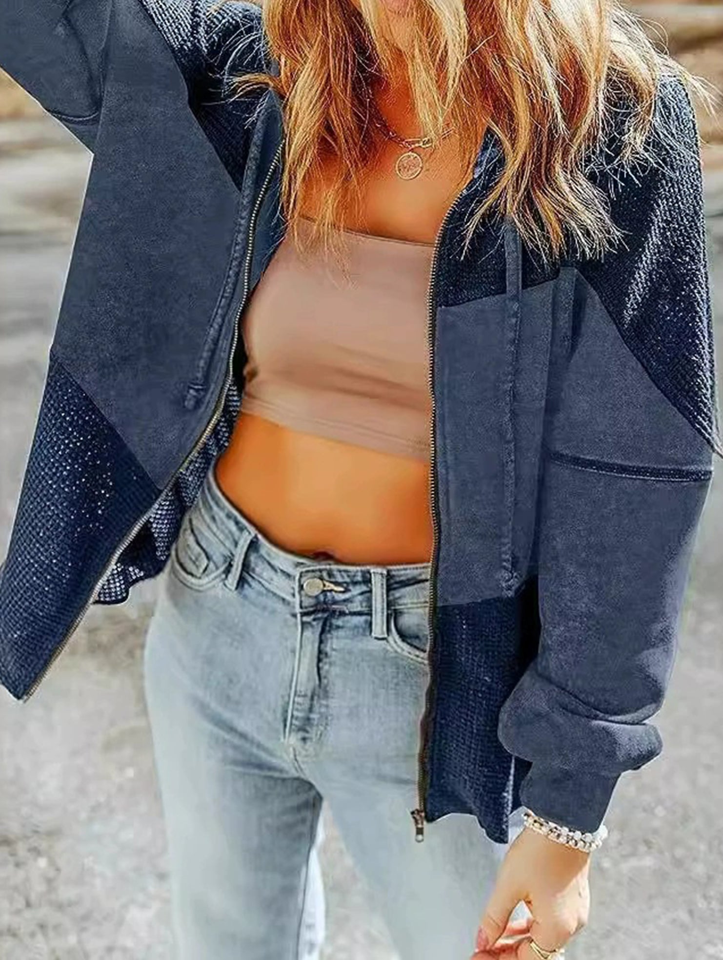 Color Block Hooded Washed Drawstring Jacket_CWOJA01826