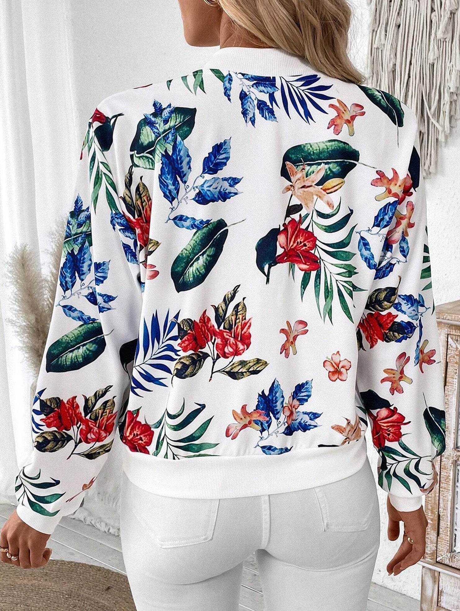 Tropical Print Baseball Collar Jacket