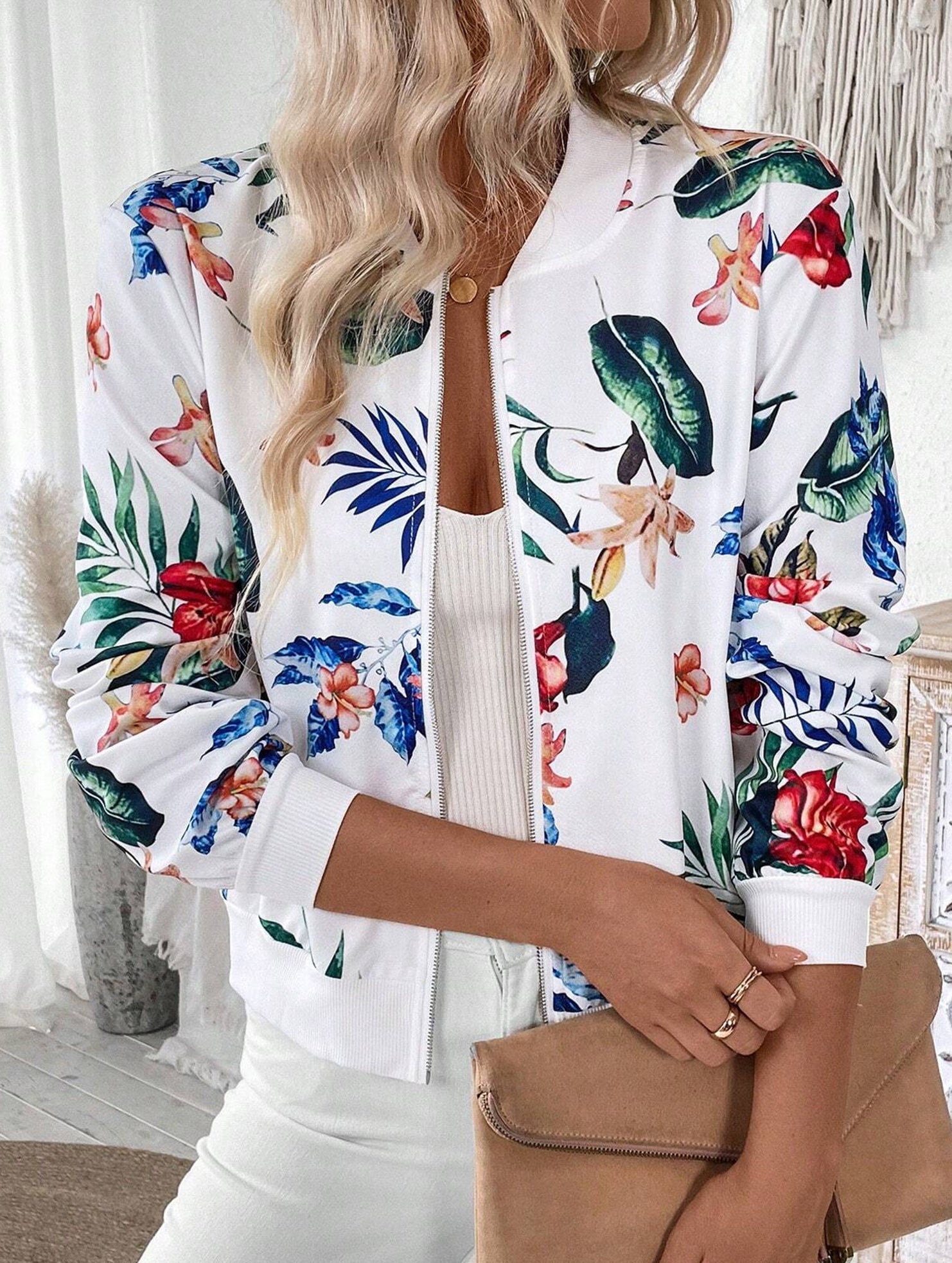 Tropical Print Baseball Collar Jacket