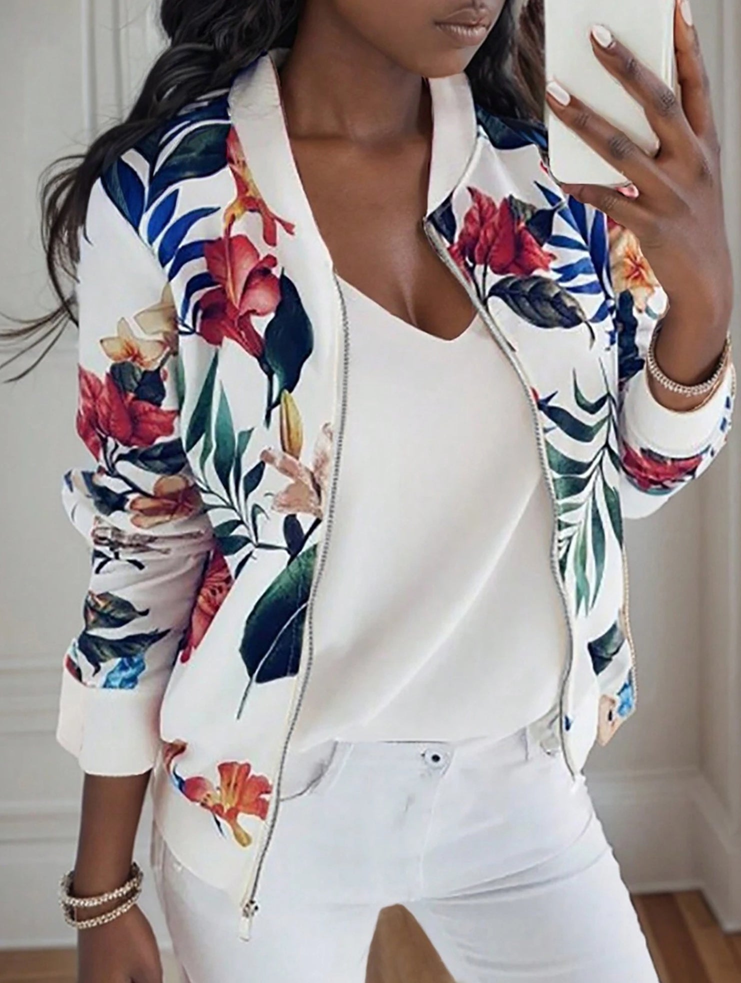 Tropical Print Baseball Collar Jacket