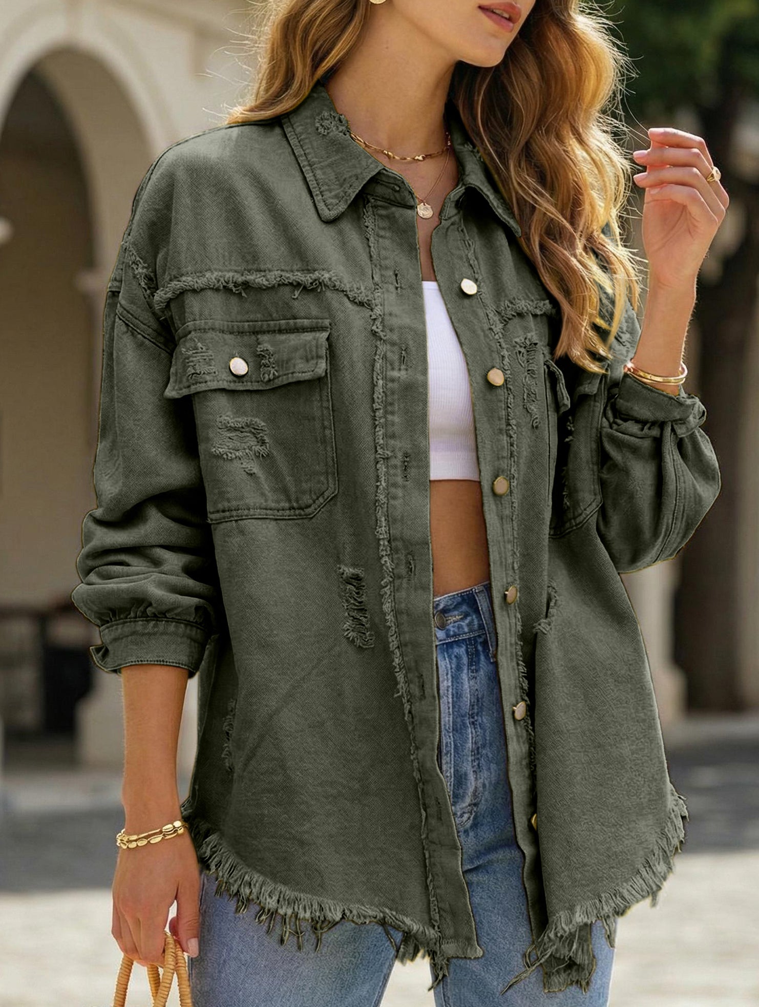 Old solid color denim coat with lapel and ripped raw edge