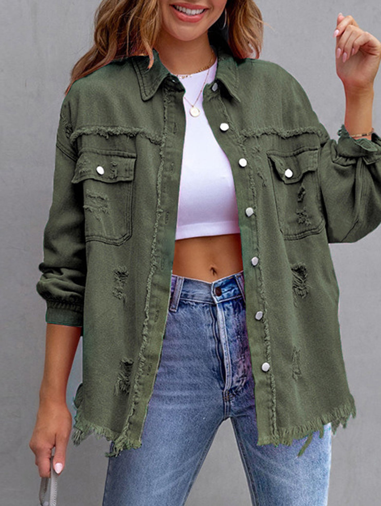 Old solid color denim coat with lapel and ripped raw edge