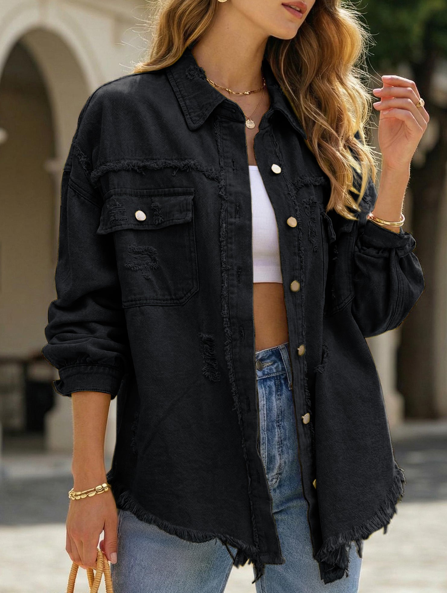 Old solid color denim coat with lapel and ripped raw edge