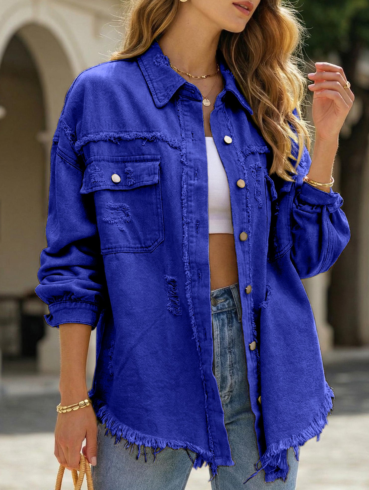 Old solid color denim coat with lapel and ripped raw edge