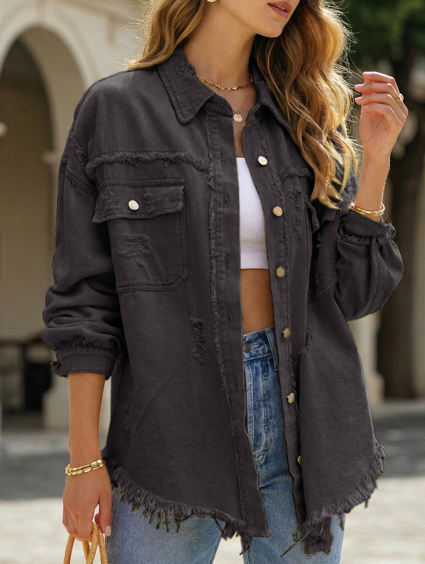 Old solid color denim coat with lapel and ripped raw edge