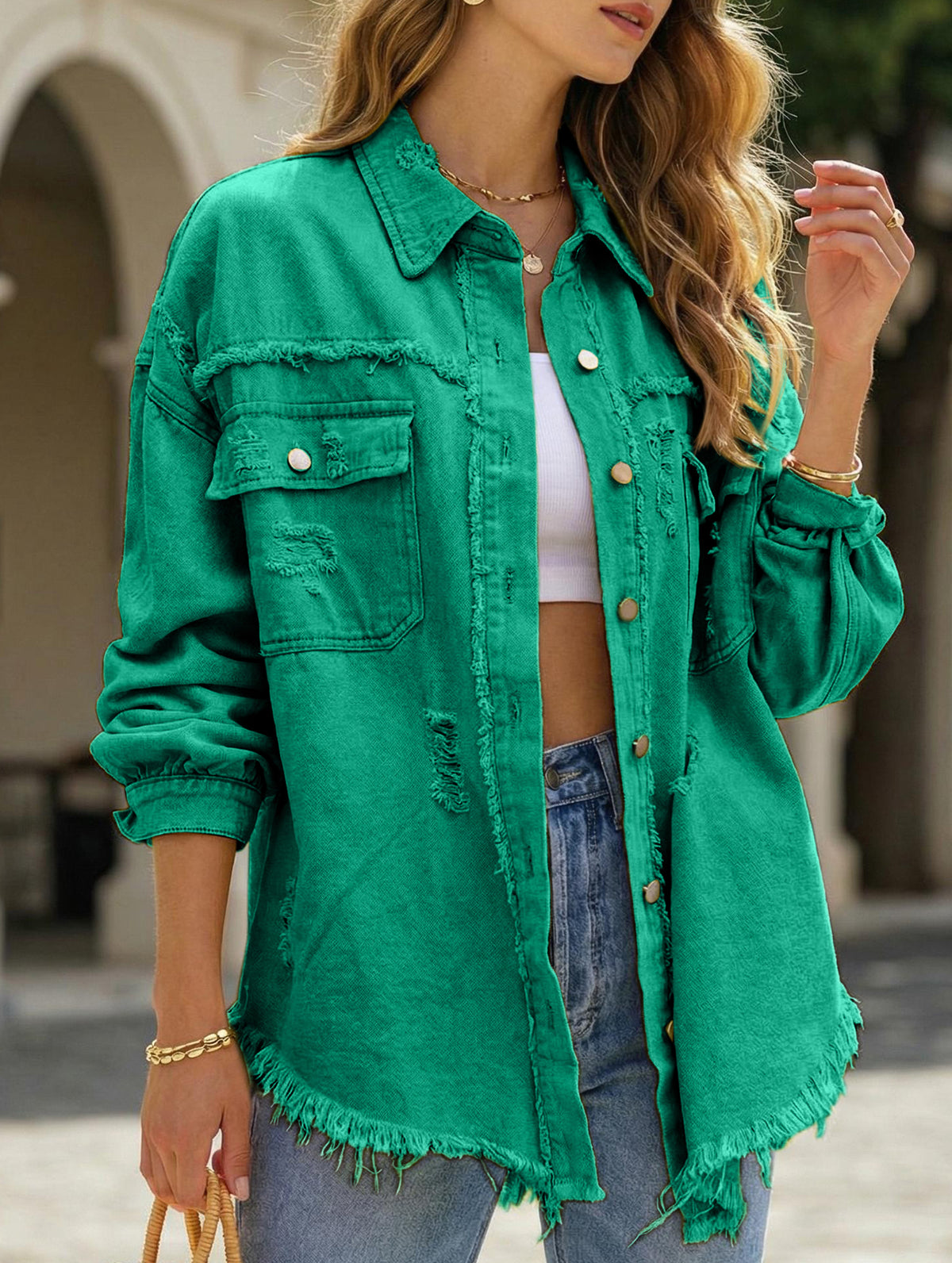 Old solid color denim coat with lapel and ripped raw edge