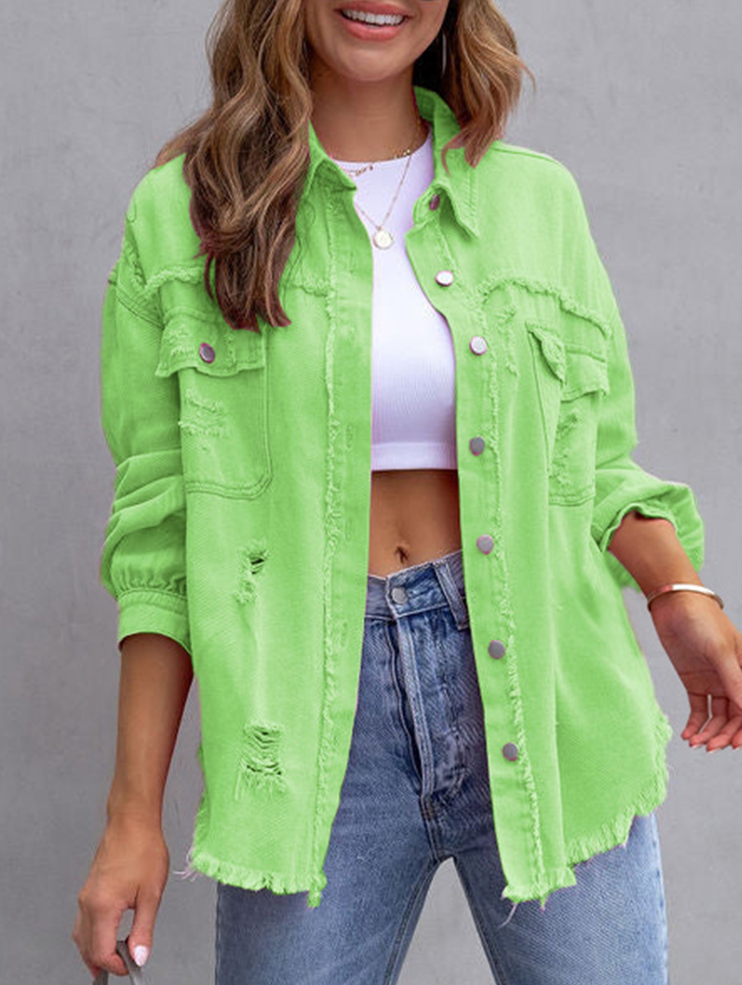 Old solid color denim coat with lapel and ripped raw edge