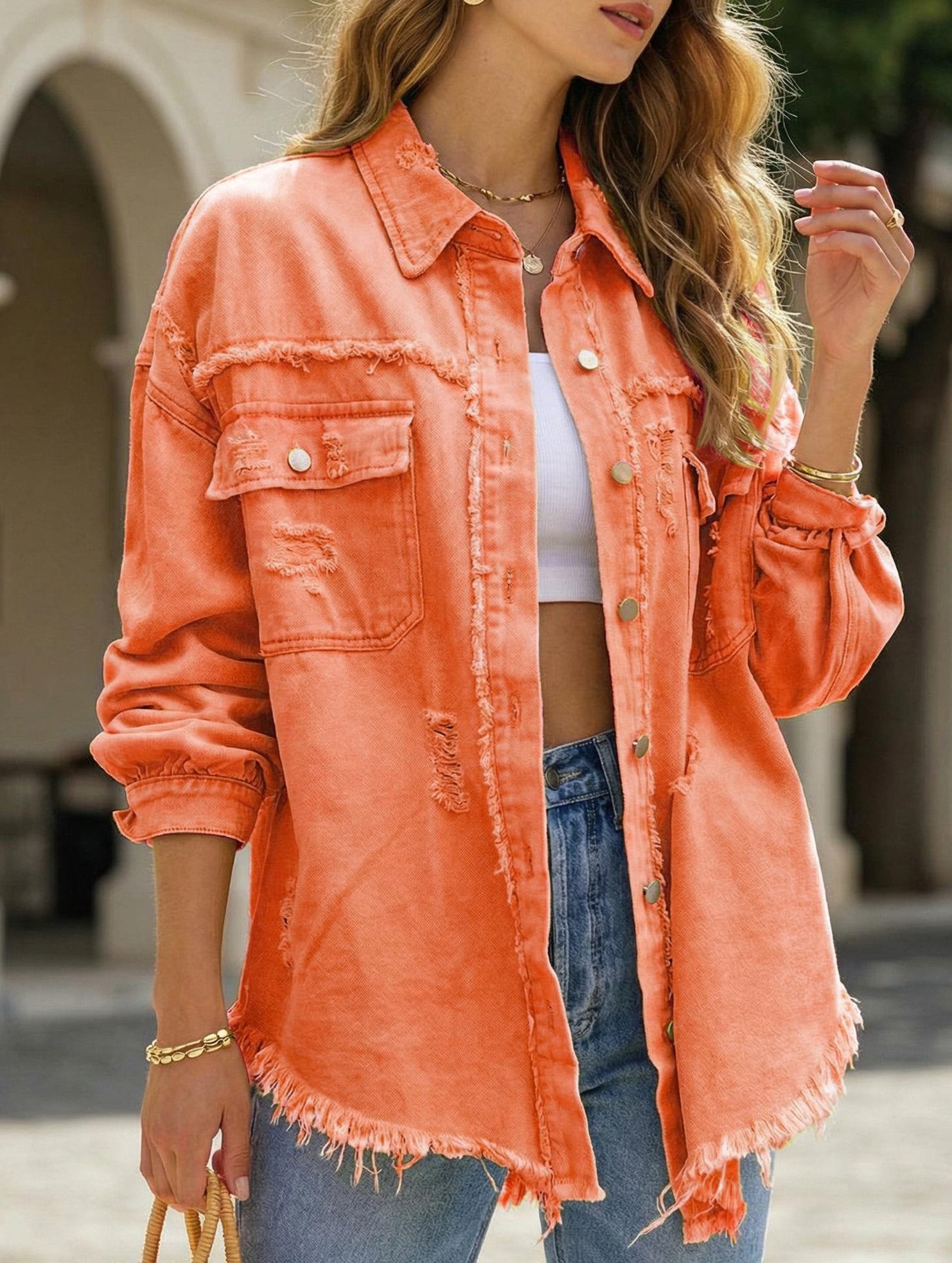 Old solid color denim coat with lapel and ripped raw edge