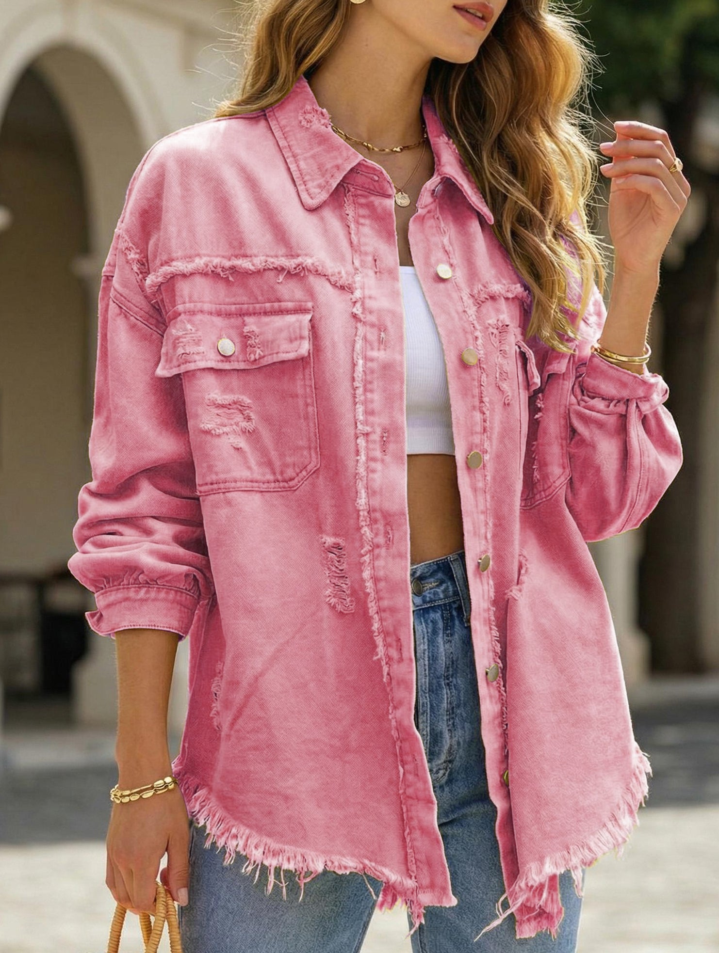 Old solid color denim coat with lapel and ripped raw edge