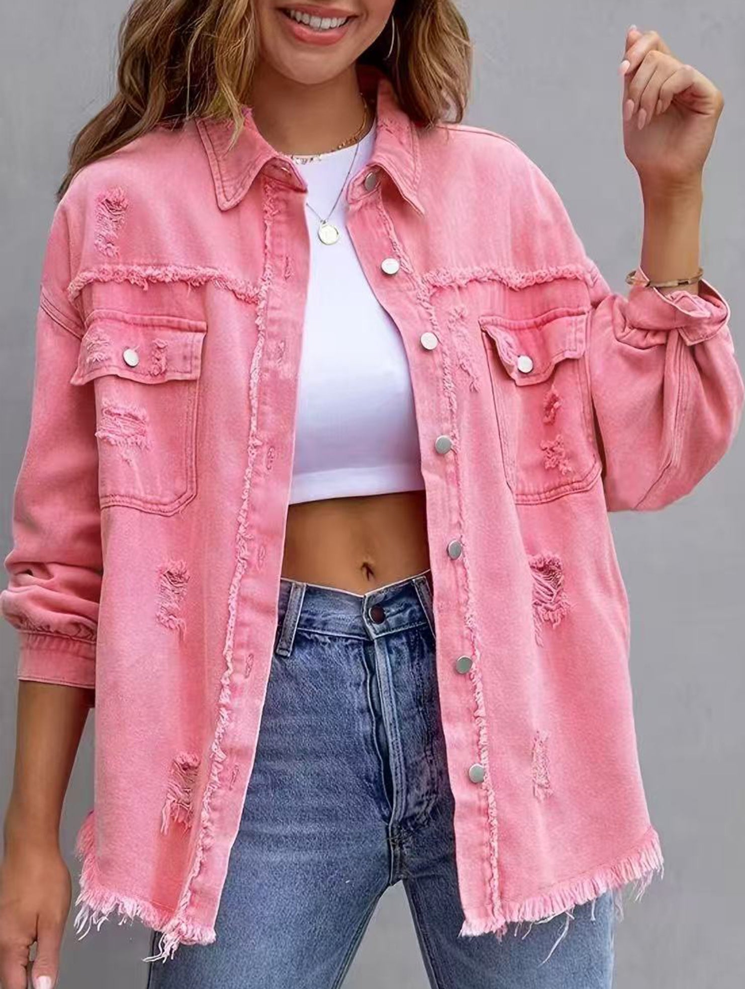 Old solid color denim coat with lapel and ripped raw edge