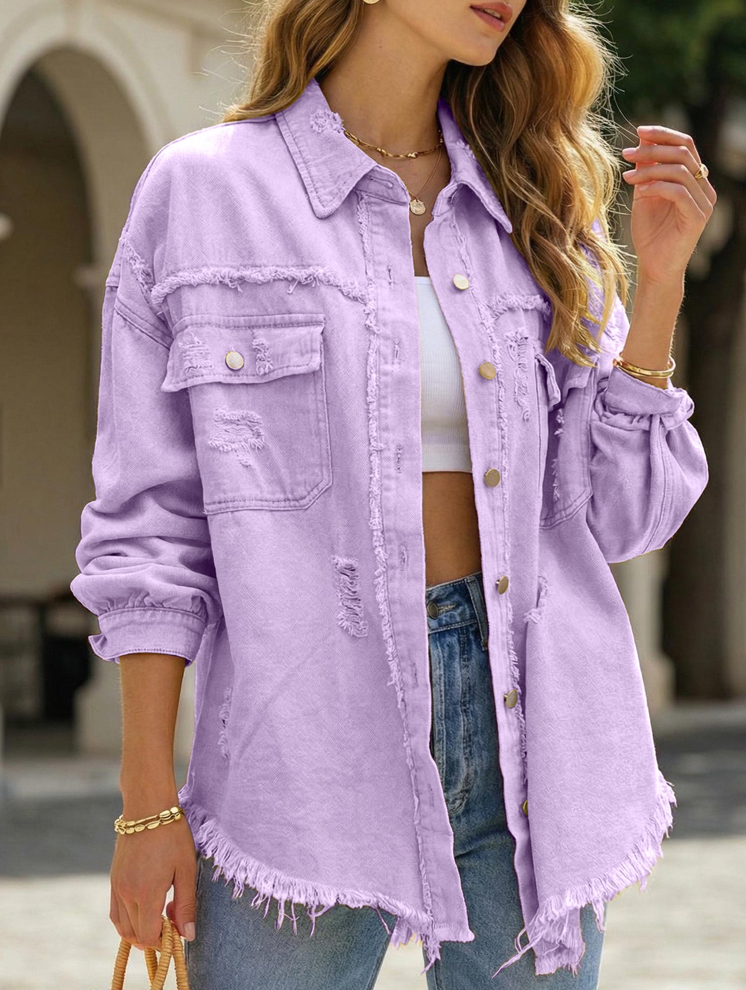 Old solid color denim coat with lapel and ripped raw edge