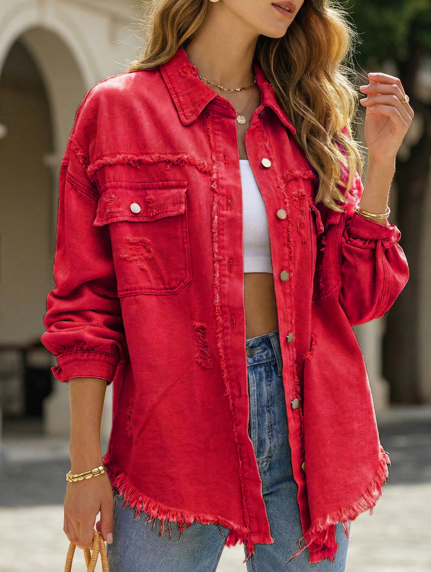 Old solid color denim coat with lapel and ripped raw edge