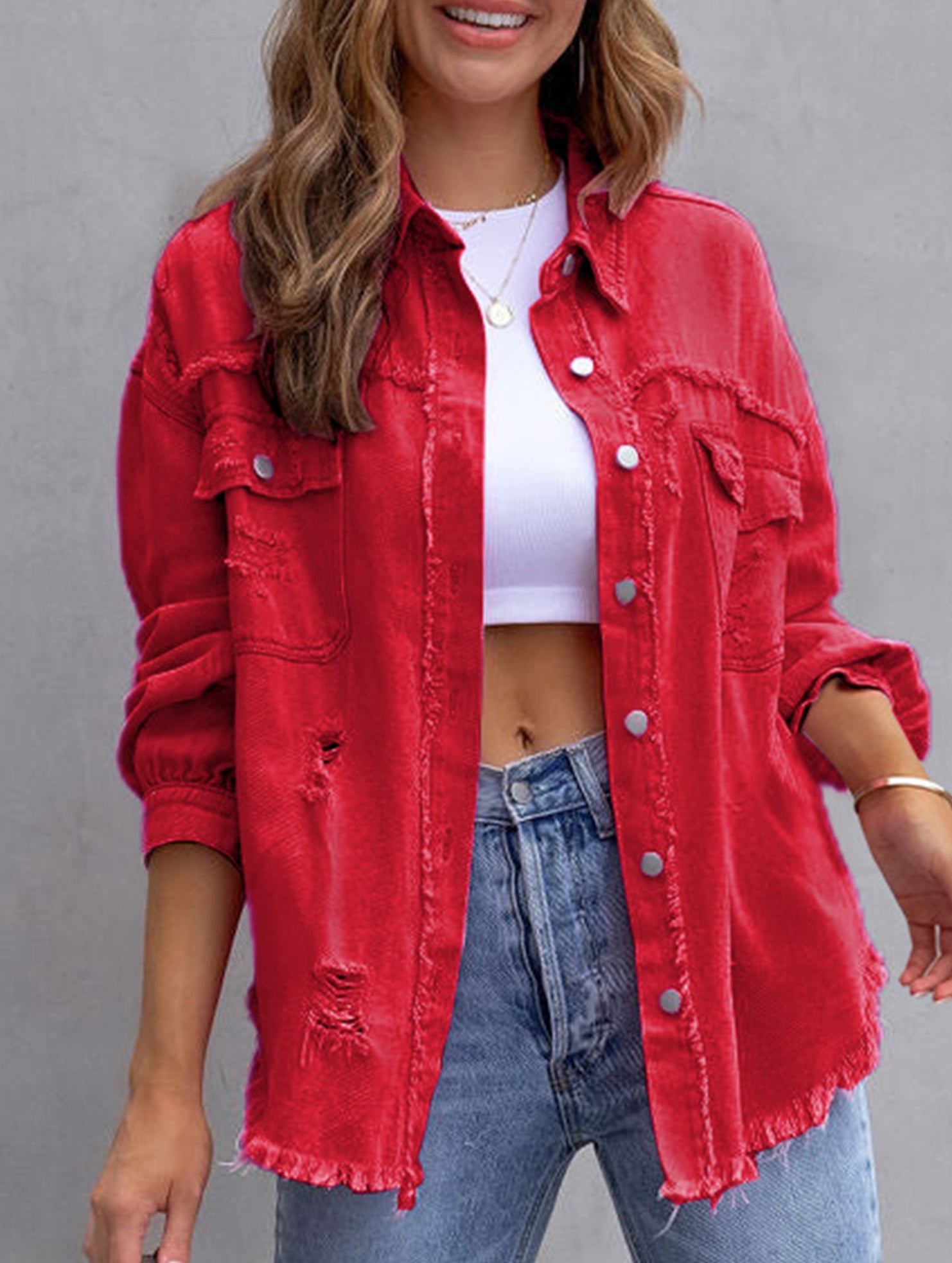 Old solid color denim coat with lapel and ripped raw edge