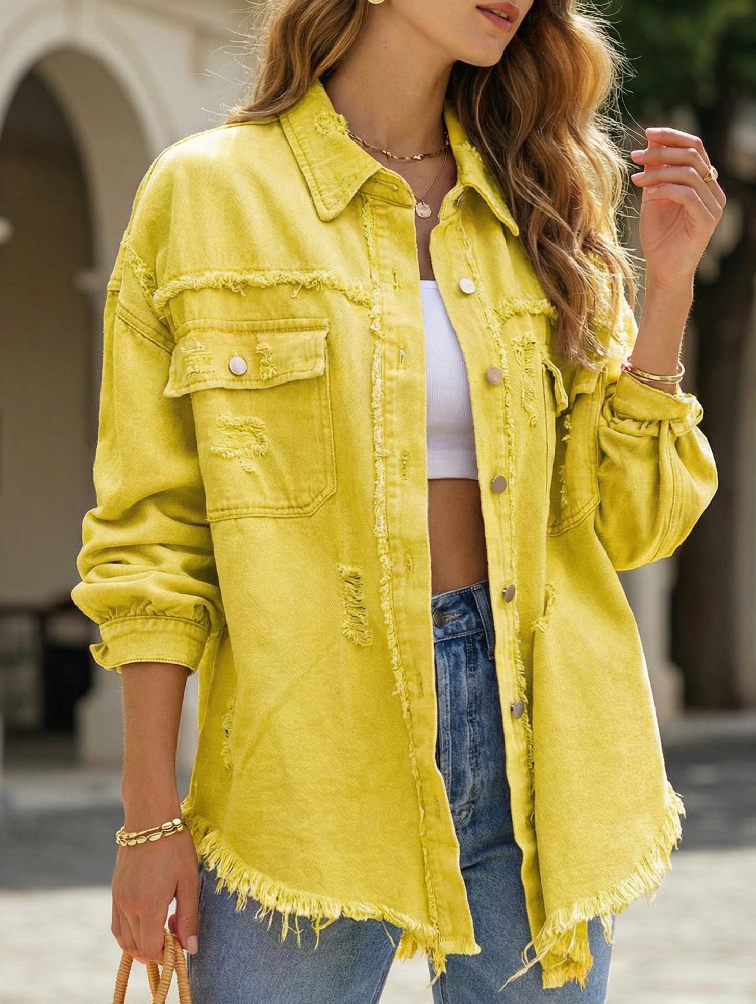 Old solid color denim coat with lapel and ripped raw edge