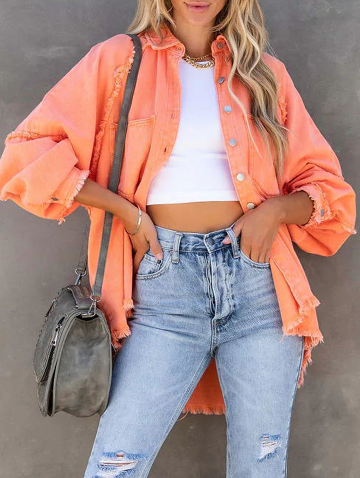 Loose raw edge patchwork pocket denim shirt jacket