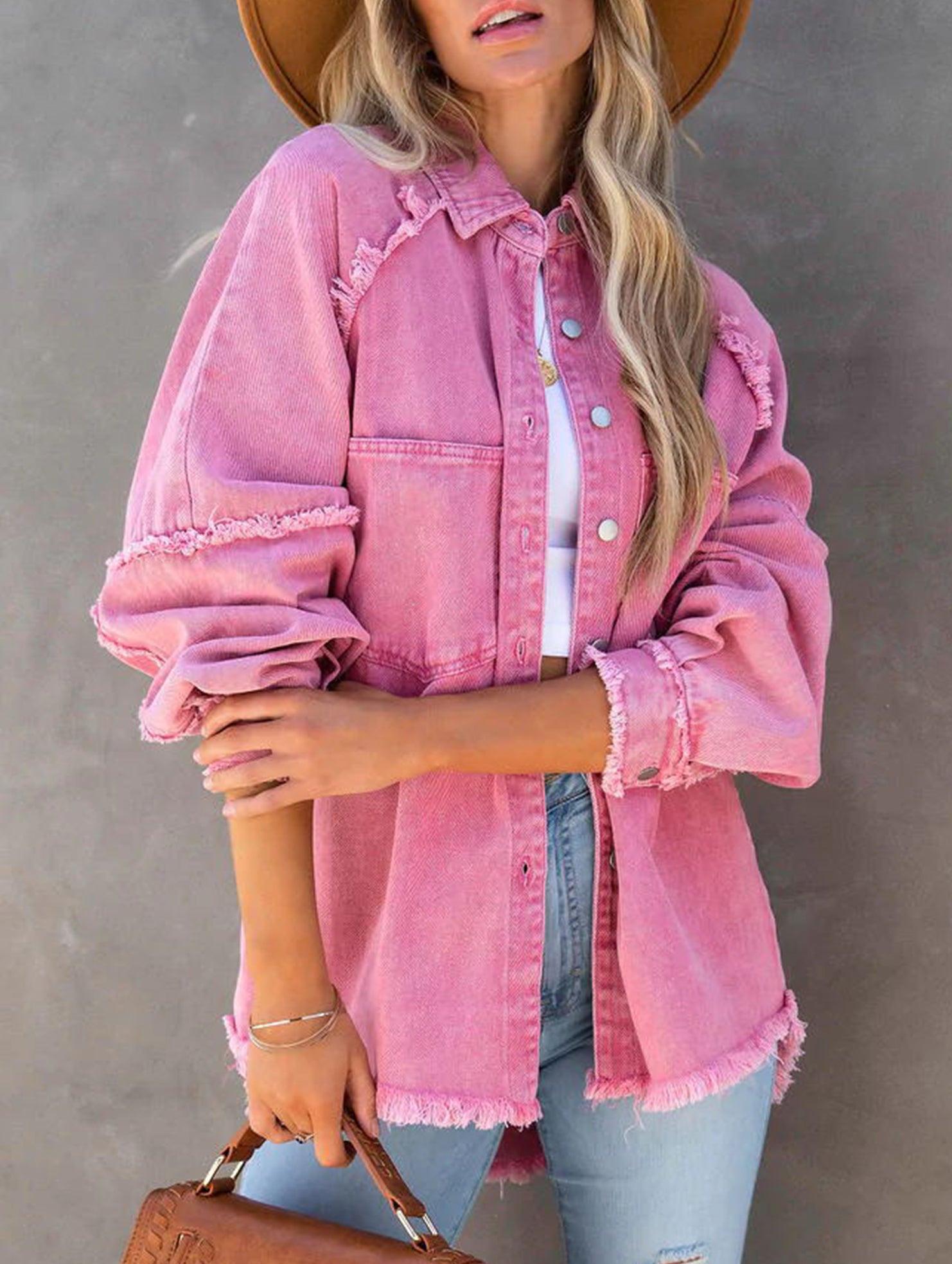 Loose raw edge patchwork pocket denim shirt jacket