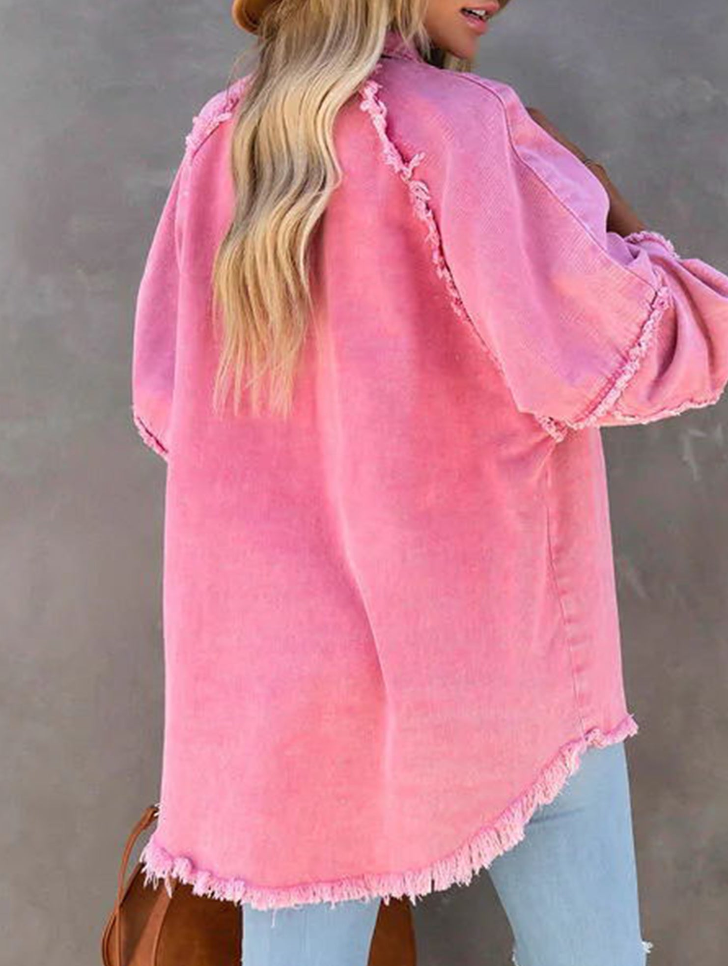 Loose raw edge patchwork pocket denim shirt jacket