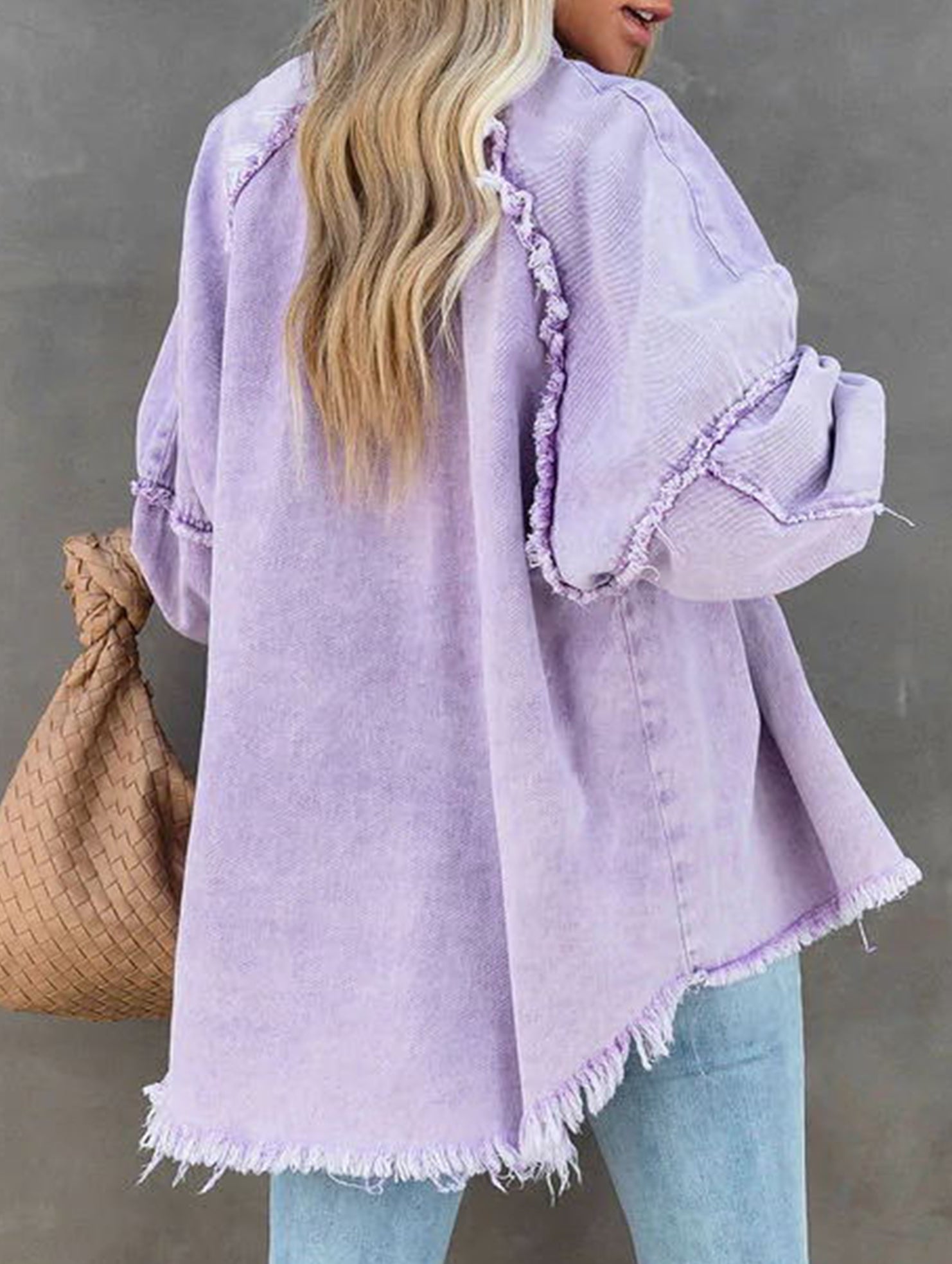 Loose raw edge patchwork pocket denim shirt jacket