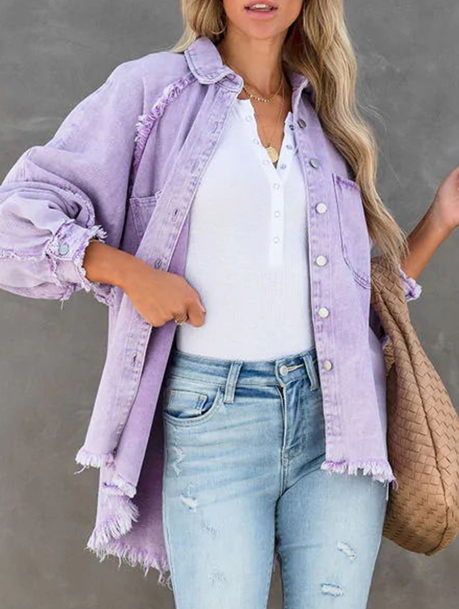 Loose raw edge patchwork pocket denim shirt jacket