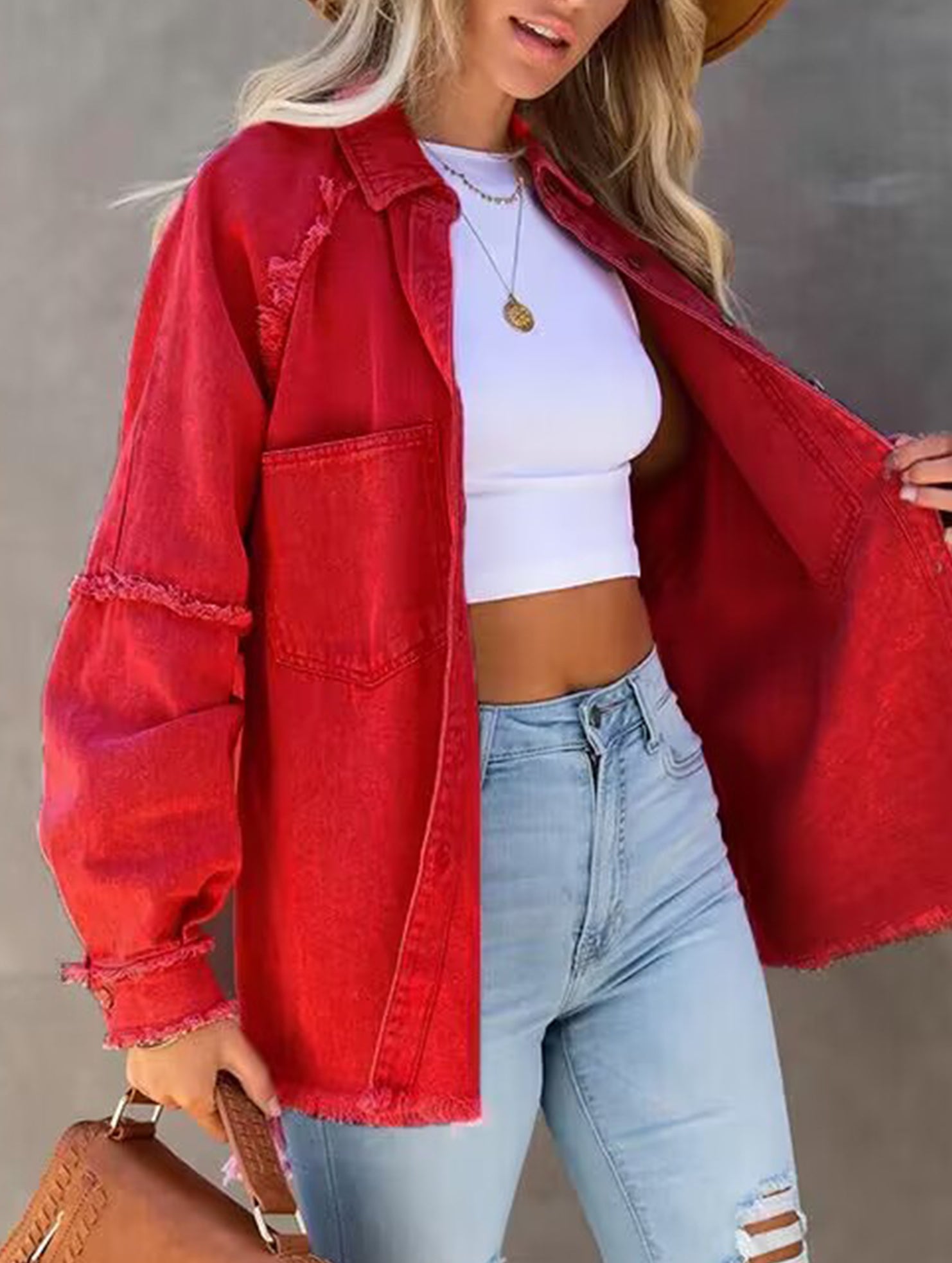 Loose raw edge patchwork pocket denim shirt jacket