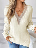 Lace stitching V-neck casual sweater