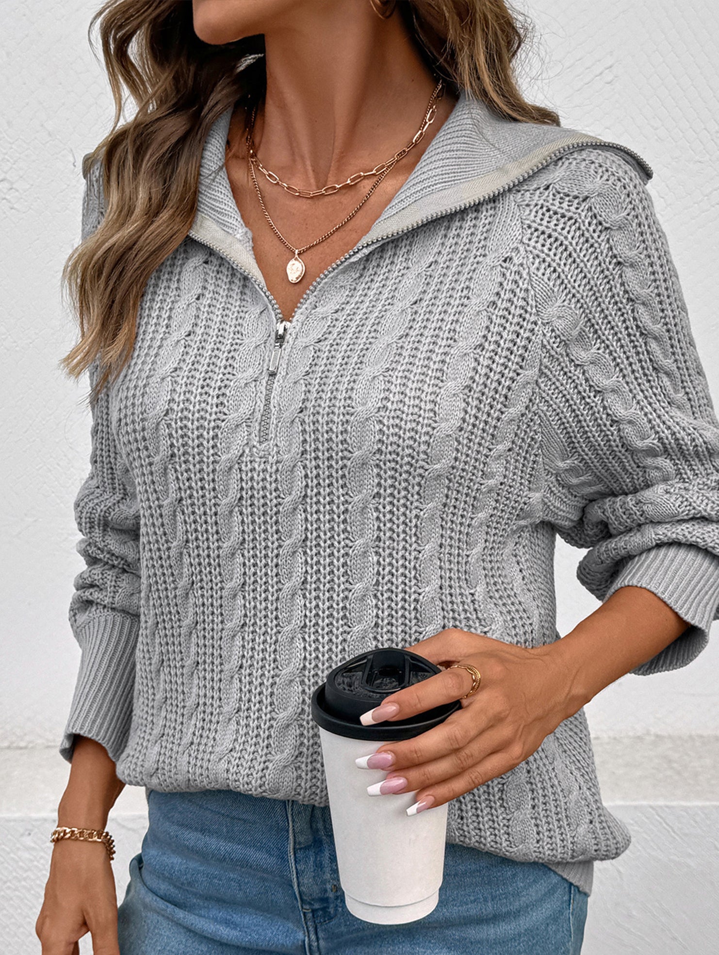 Lazy Retro Lapel Cable Zipper Sweater