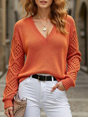 Loose V-neck hollow knit sweater