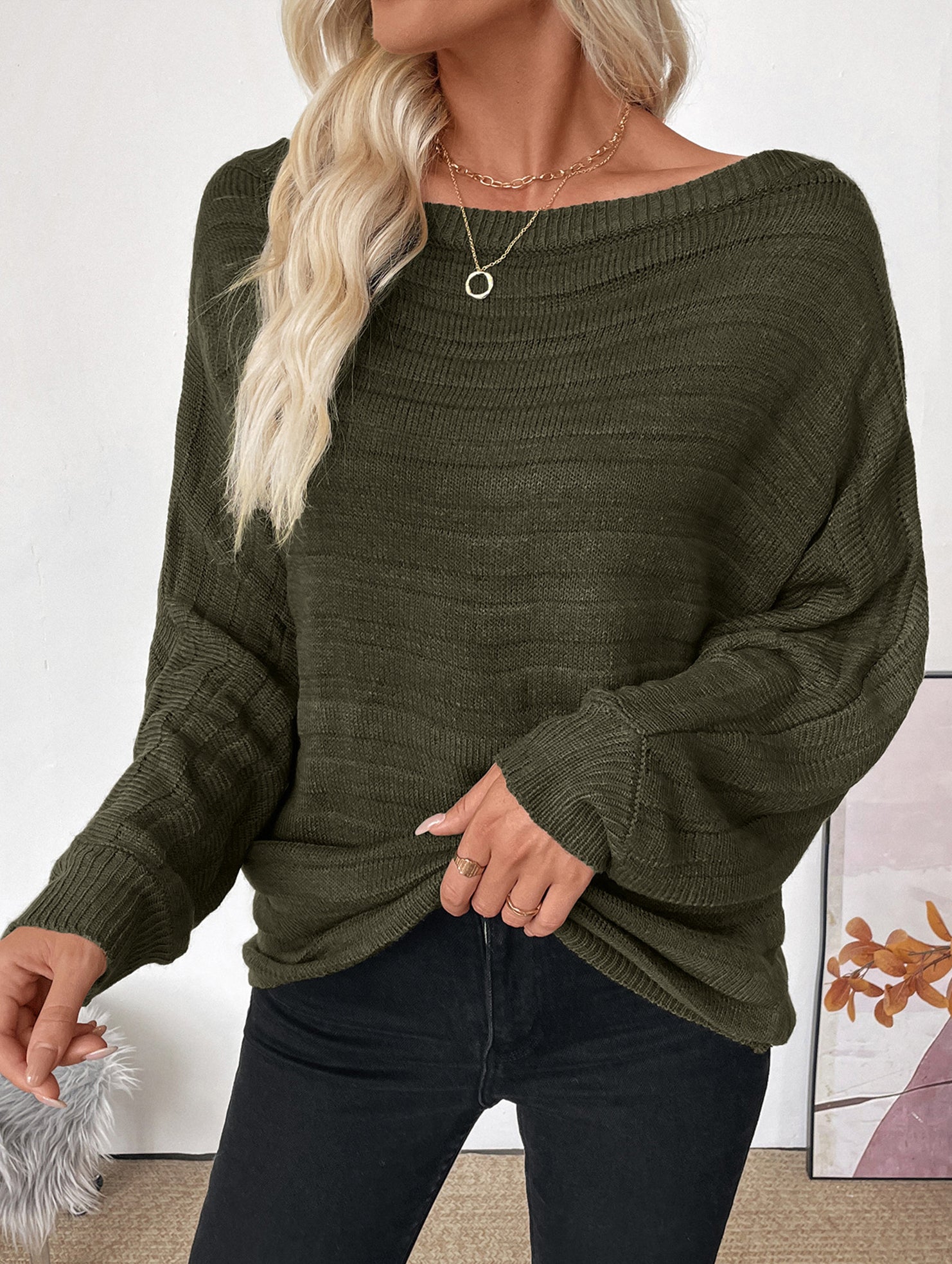 Loose horizontal striped one-shoulder green sweater