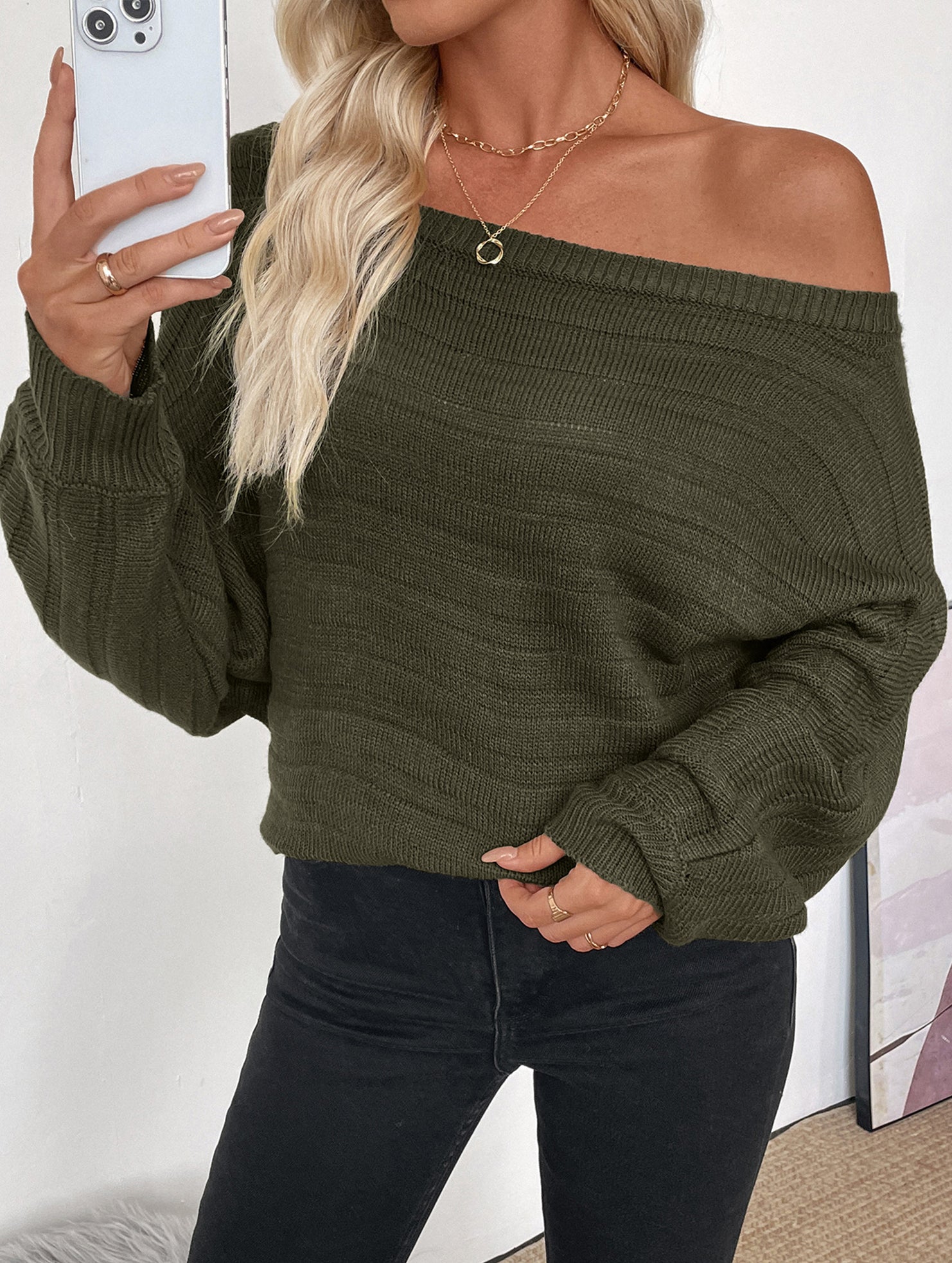 Loose horizontal striped one-shoulder green sweater
