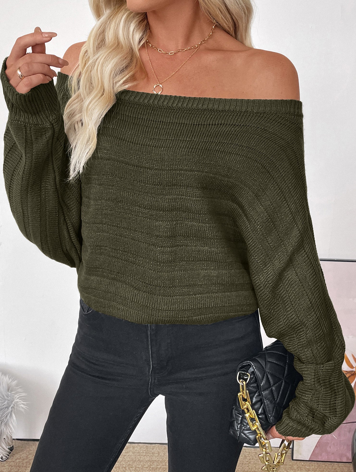 Loose horizontal striped one-shoulder green sweater