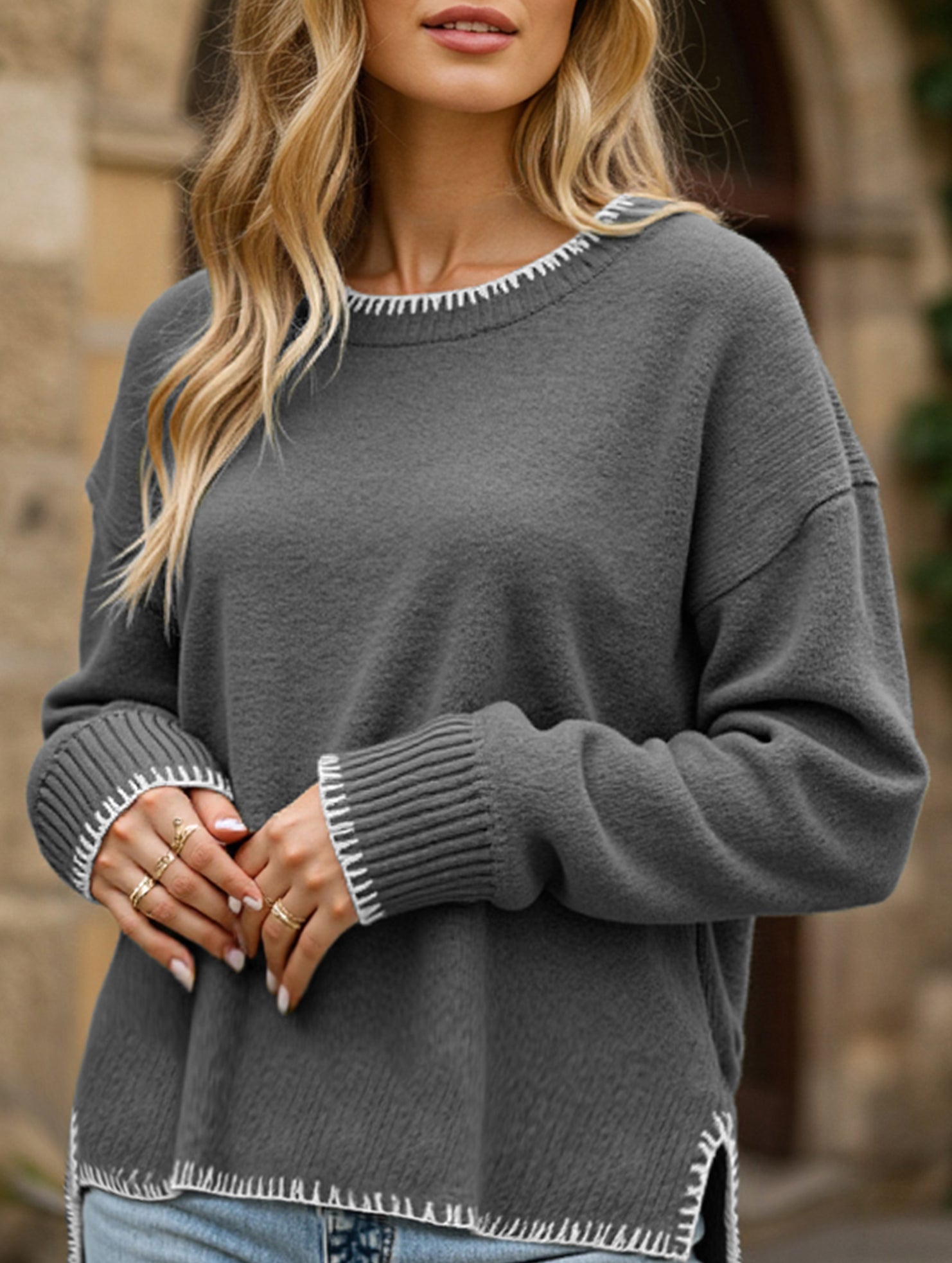 Versatile crew neck casual long-sleeved sweater