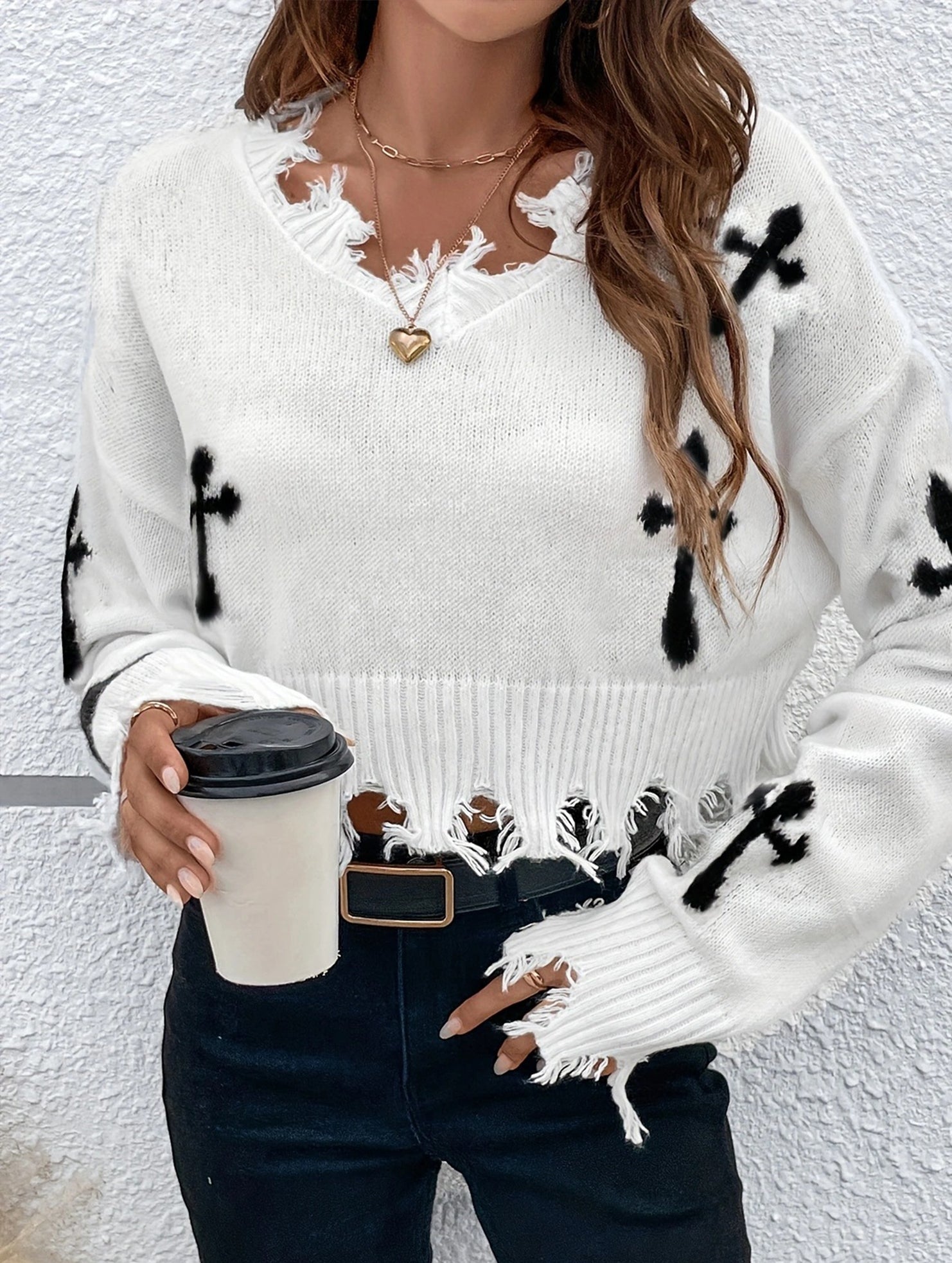Ripped tassel long-sleeved loose-fitting sweater