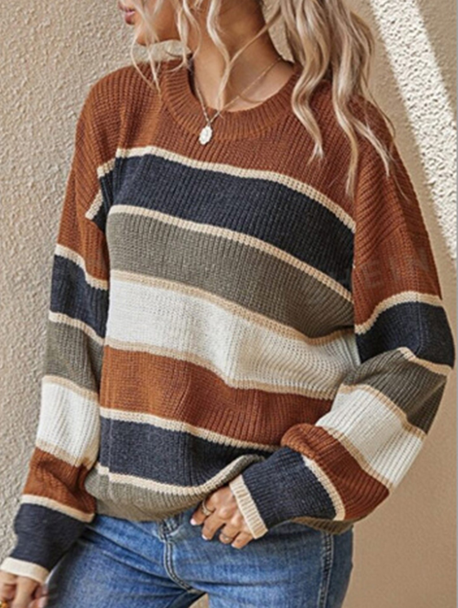 Relaxed Loose Classic Striped Crew Neck Sweater
