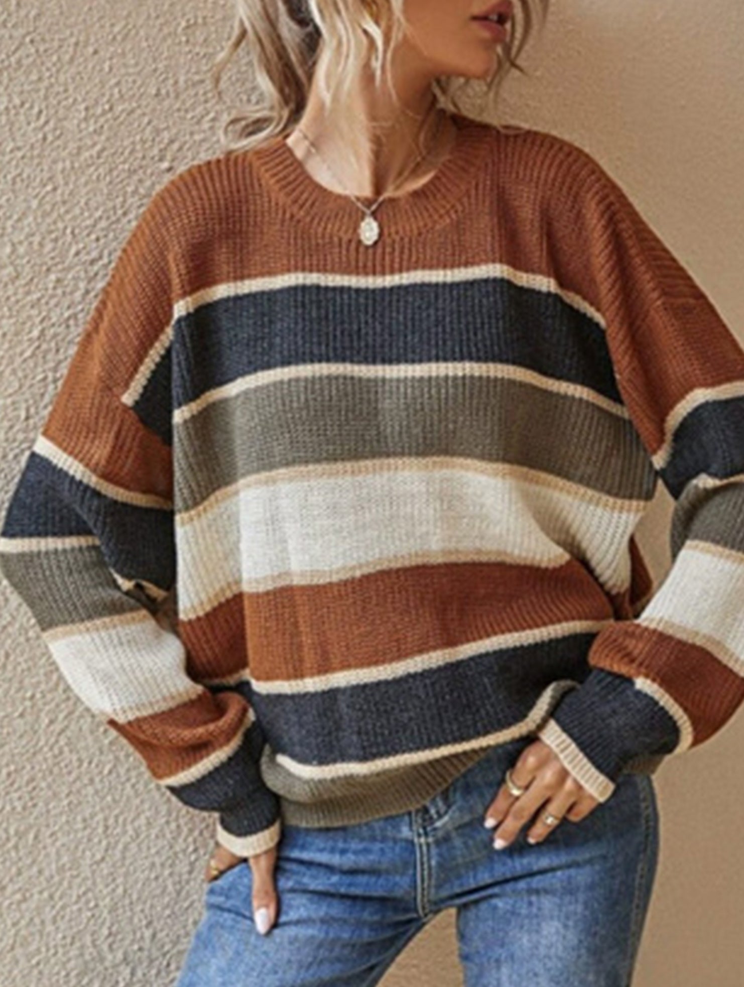 Relaxed Loose Classic Striped Crew Neck Sweater
