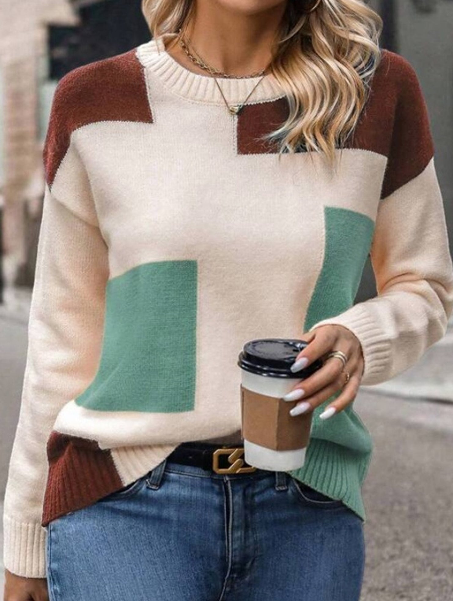 Simple pullover colorblock knitted sweater