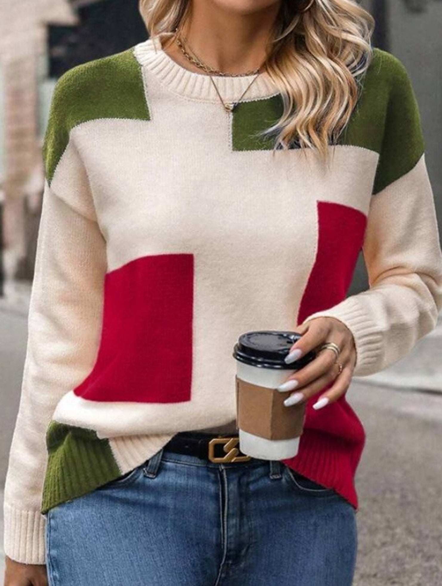 Simple pullover colorblock knitted sweater