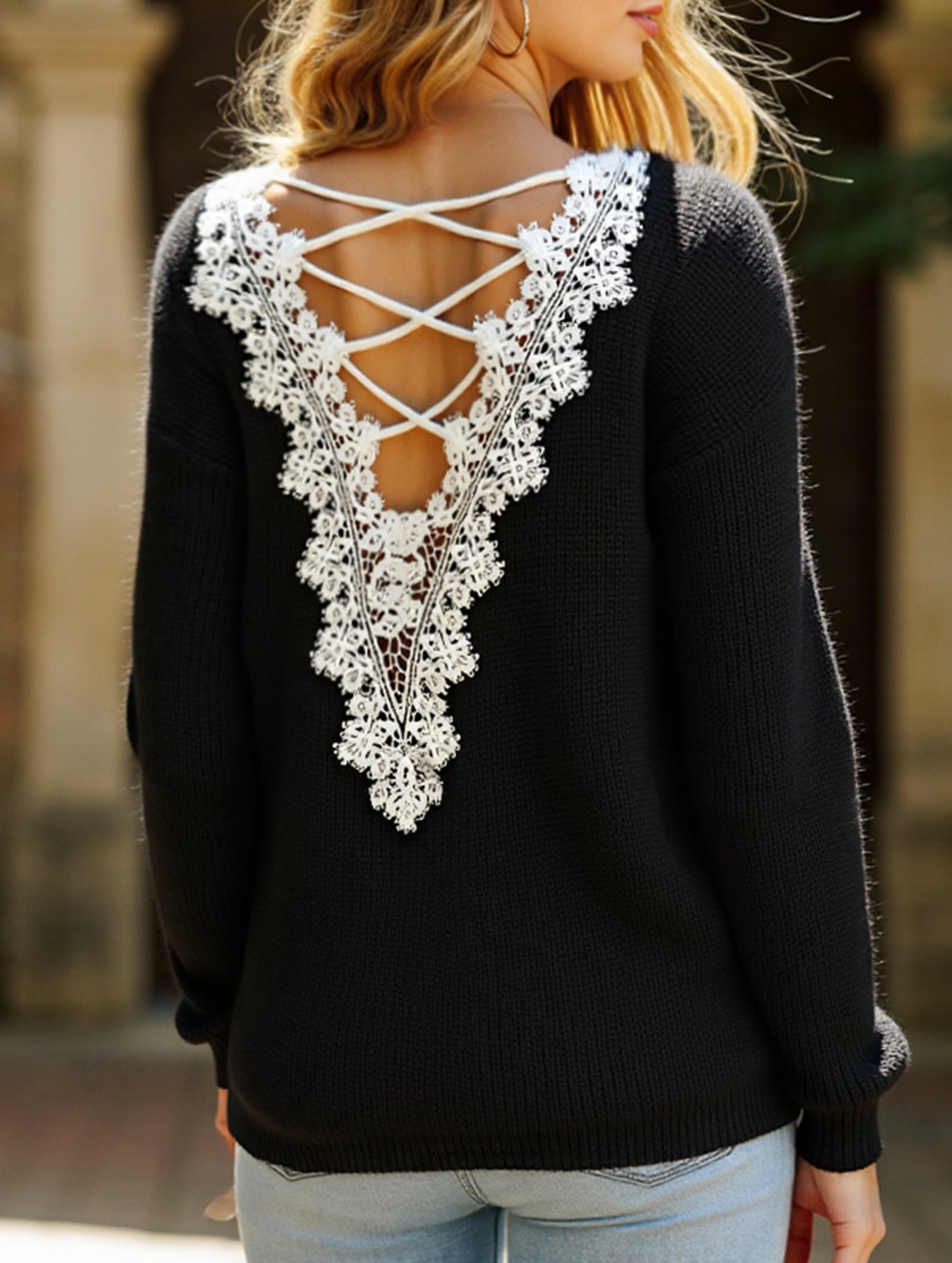 Lace hollow V-neck pullover long-sleeved sweater