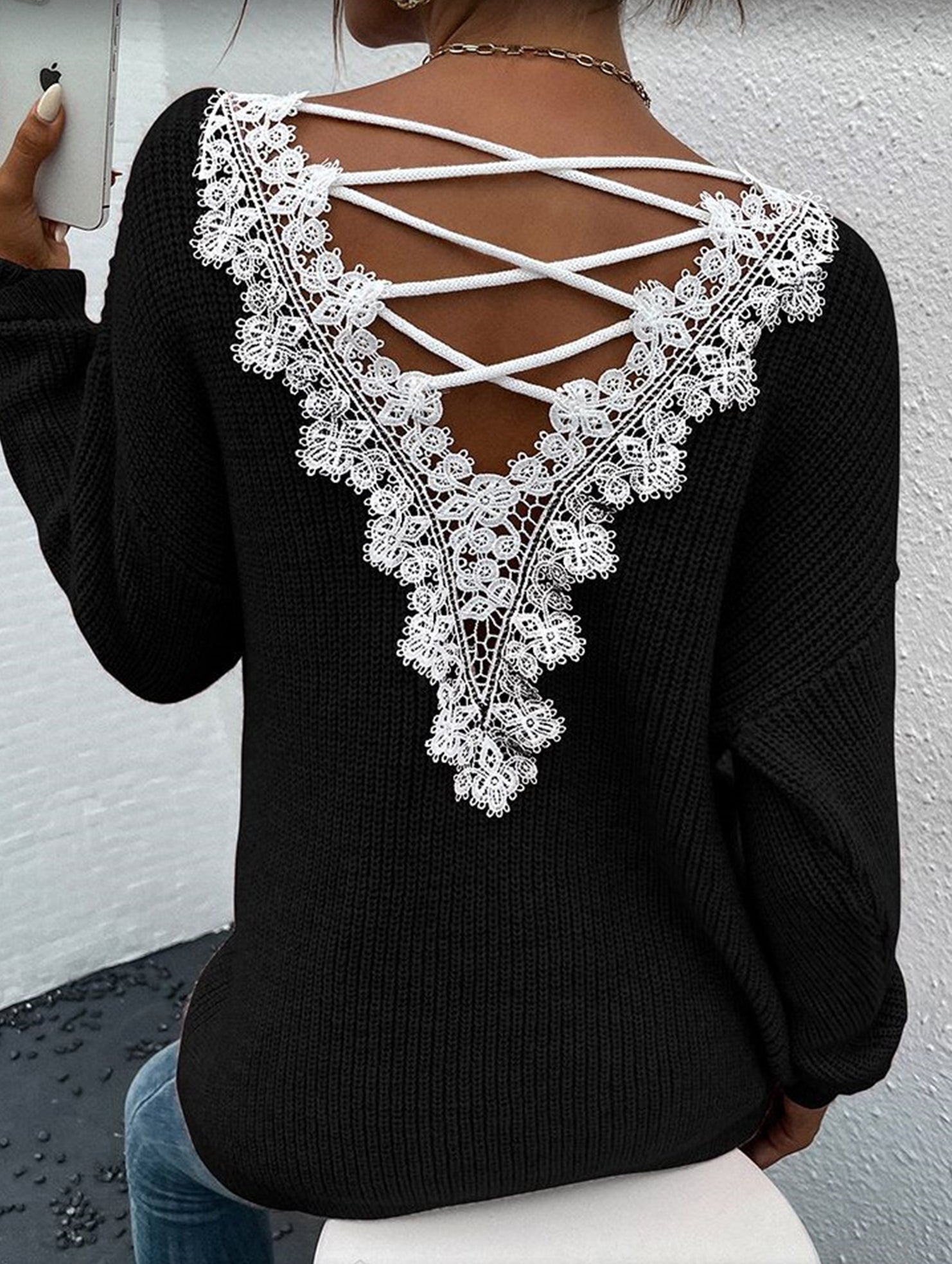 Lace hollow V-neck pullover long-sleeved sweater