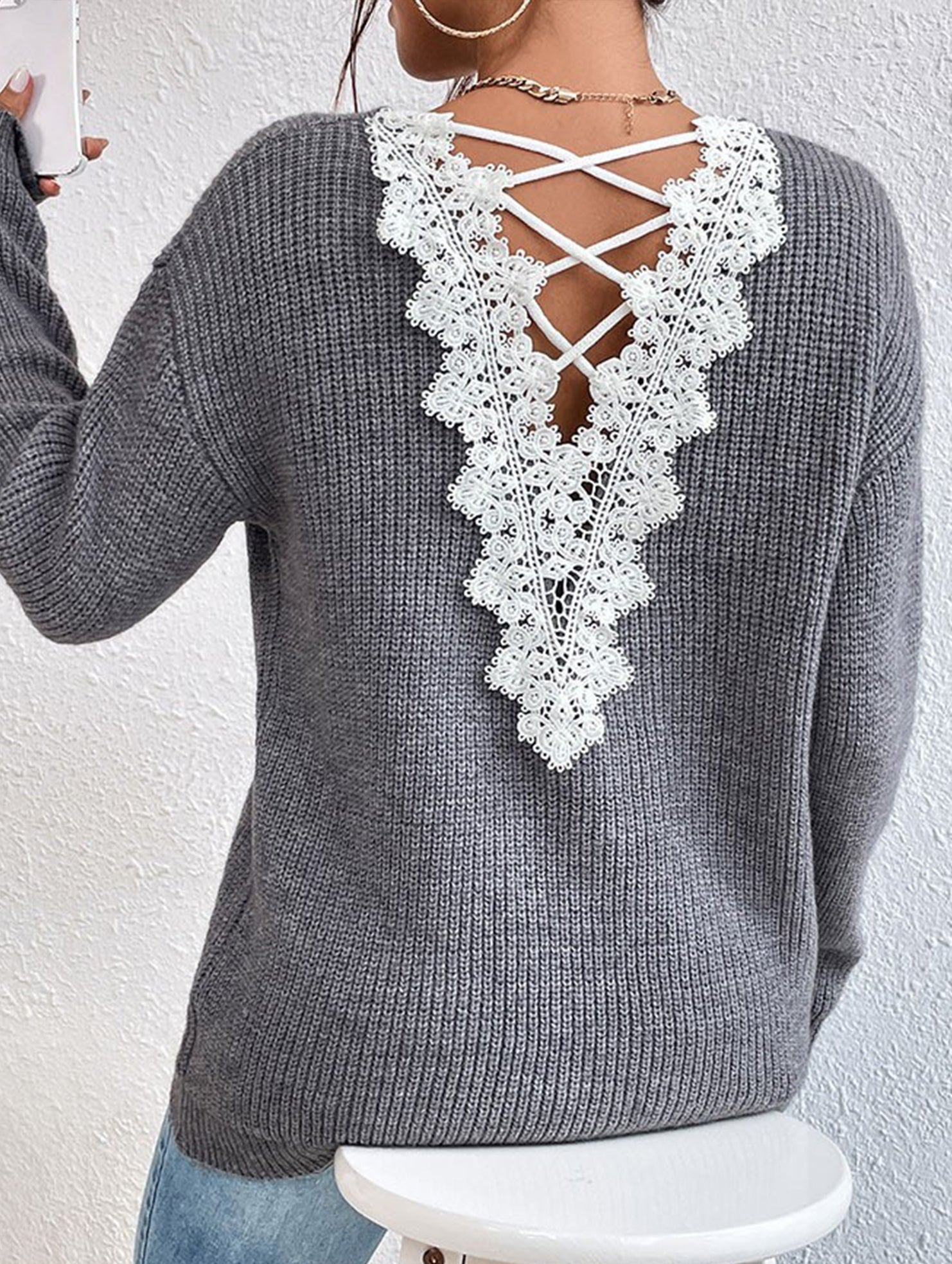 Lace hollow V-neck pullover long-sleeved sweater