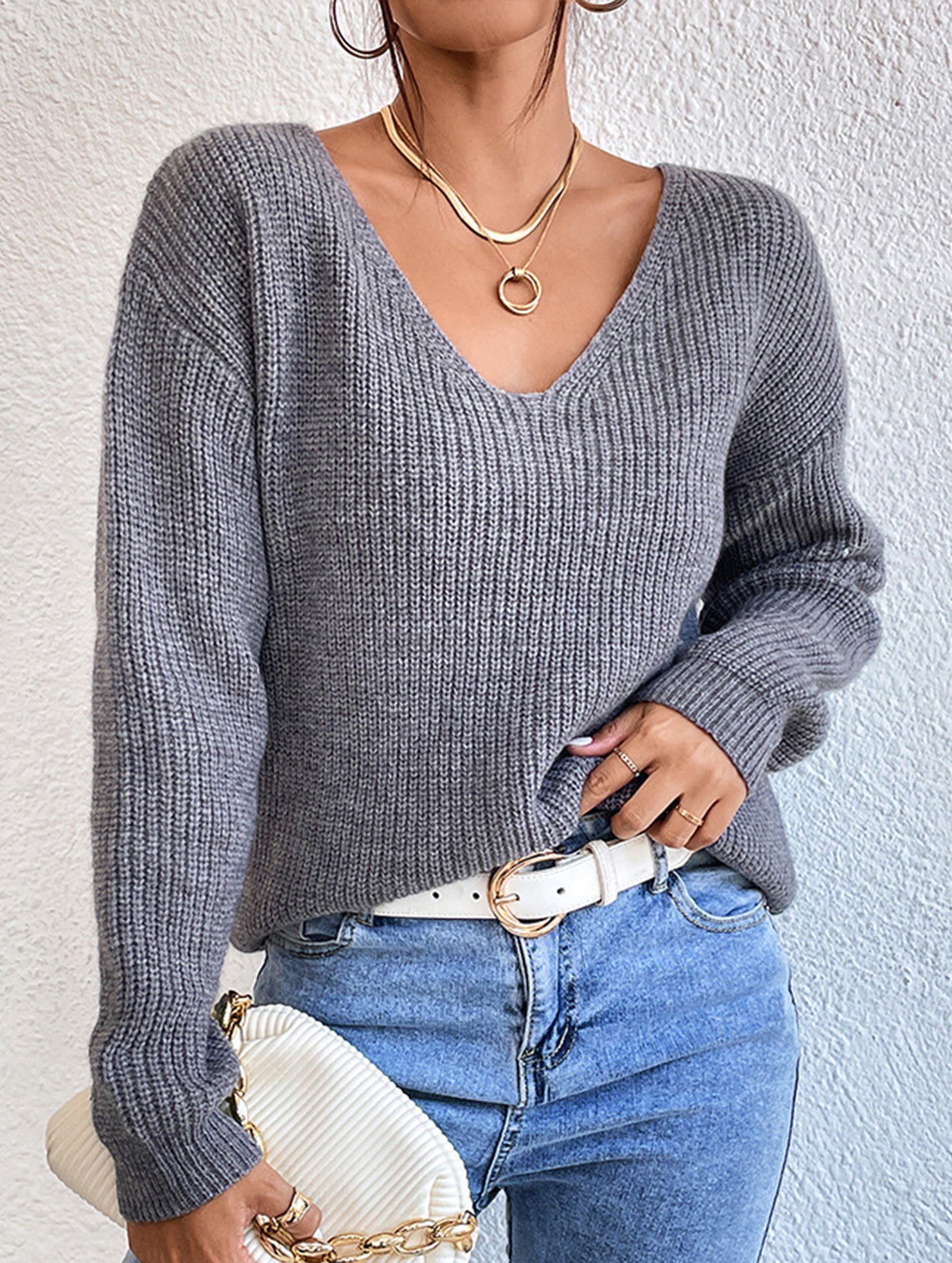Lace hollow V-neck pullover long-sleeved sweater