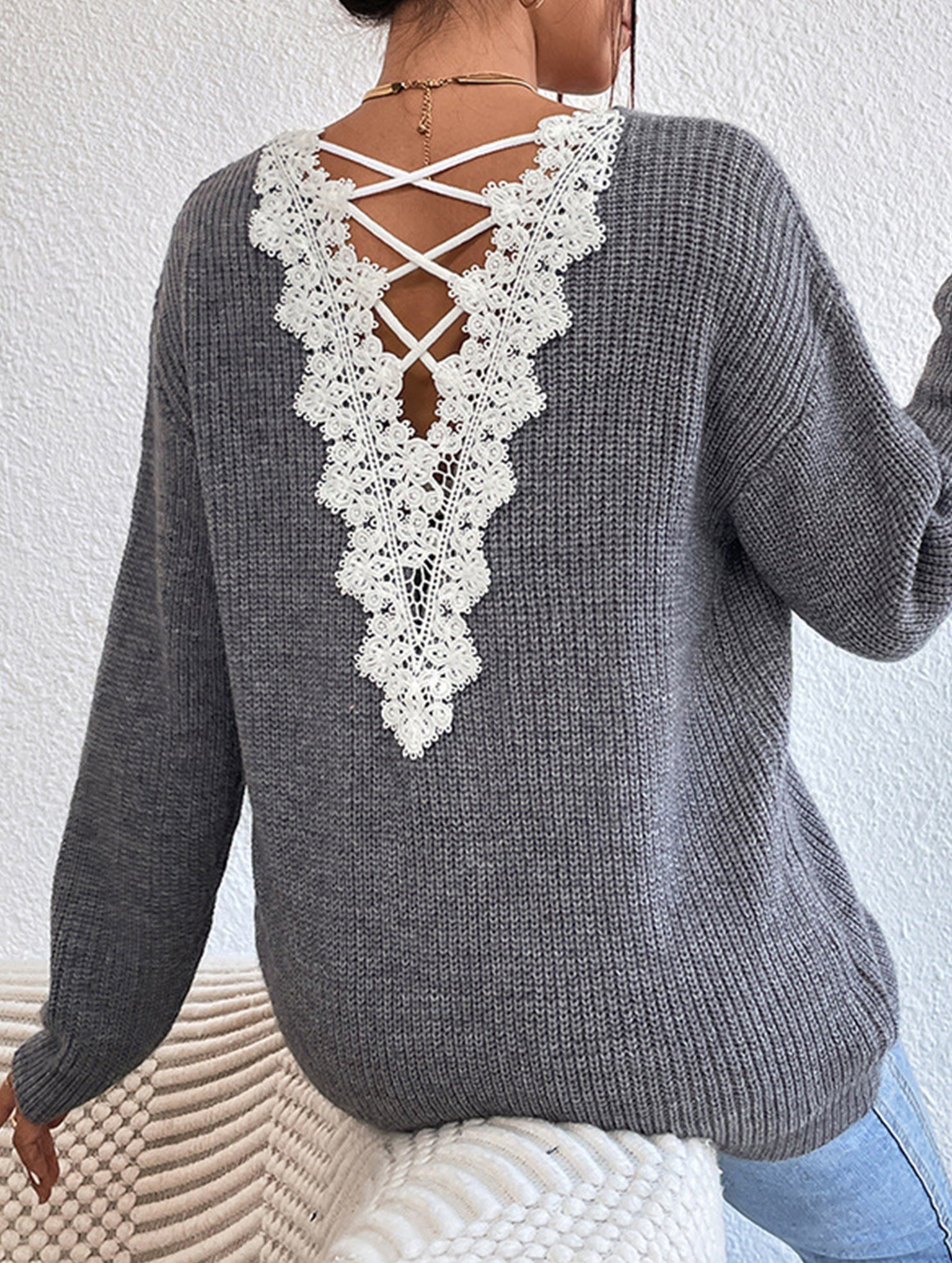 Lace hollow V-neck pullover long-sleeved sweater