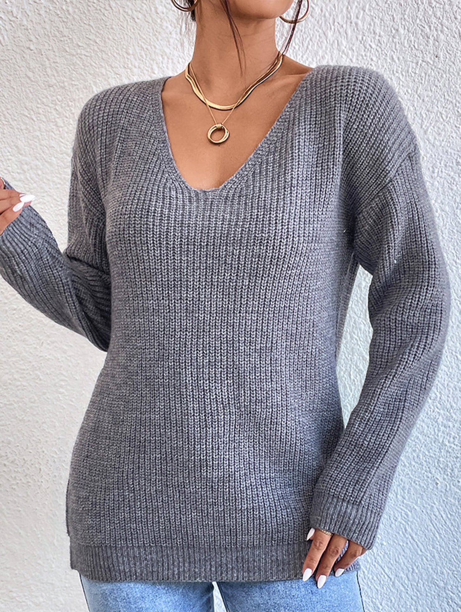 Lace hollow V-neck pullover long-sleeved sweater