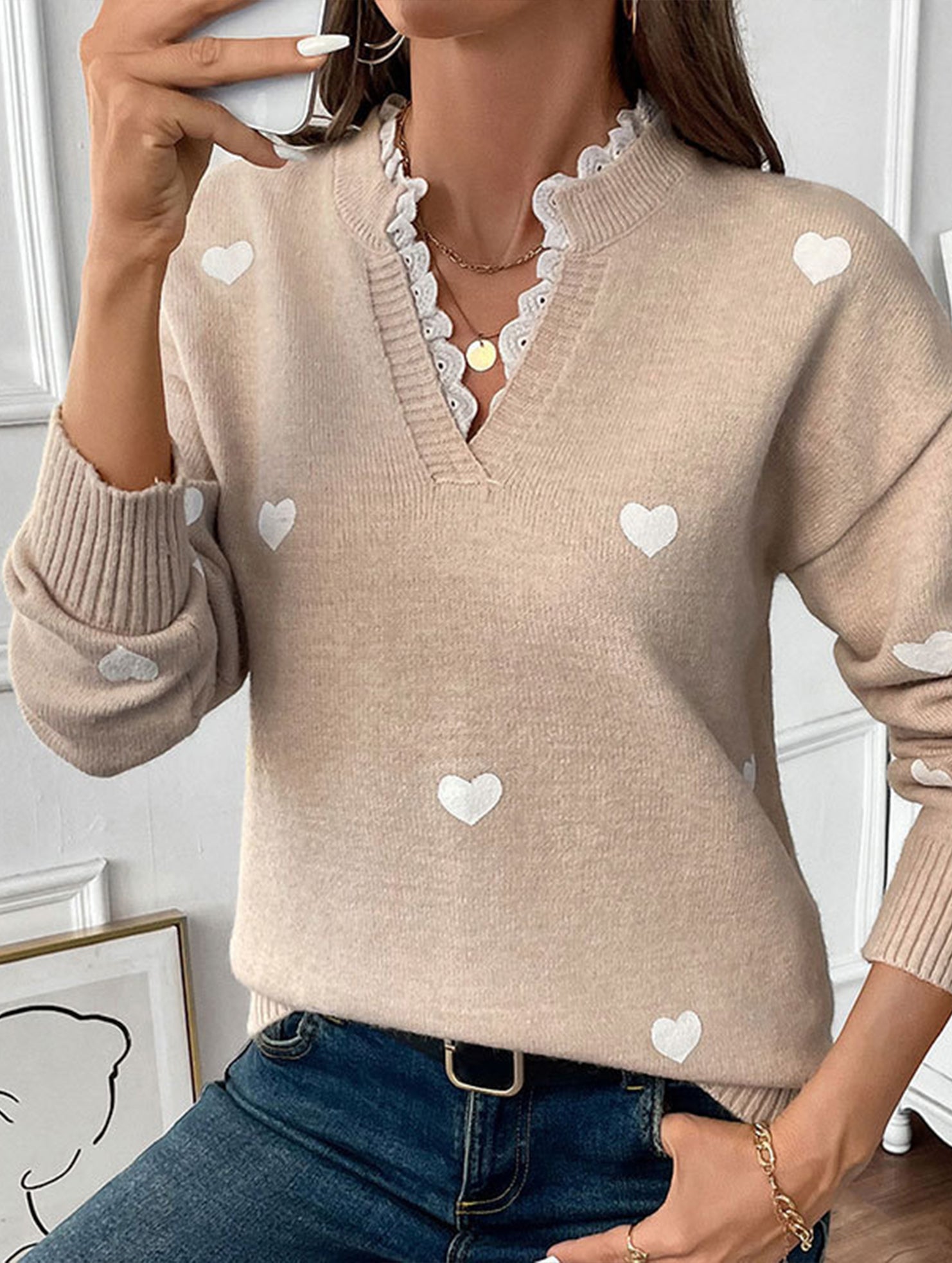 Heart Print Lace Trim Sweater